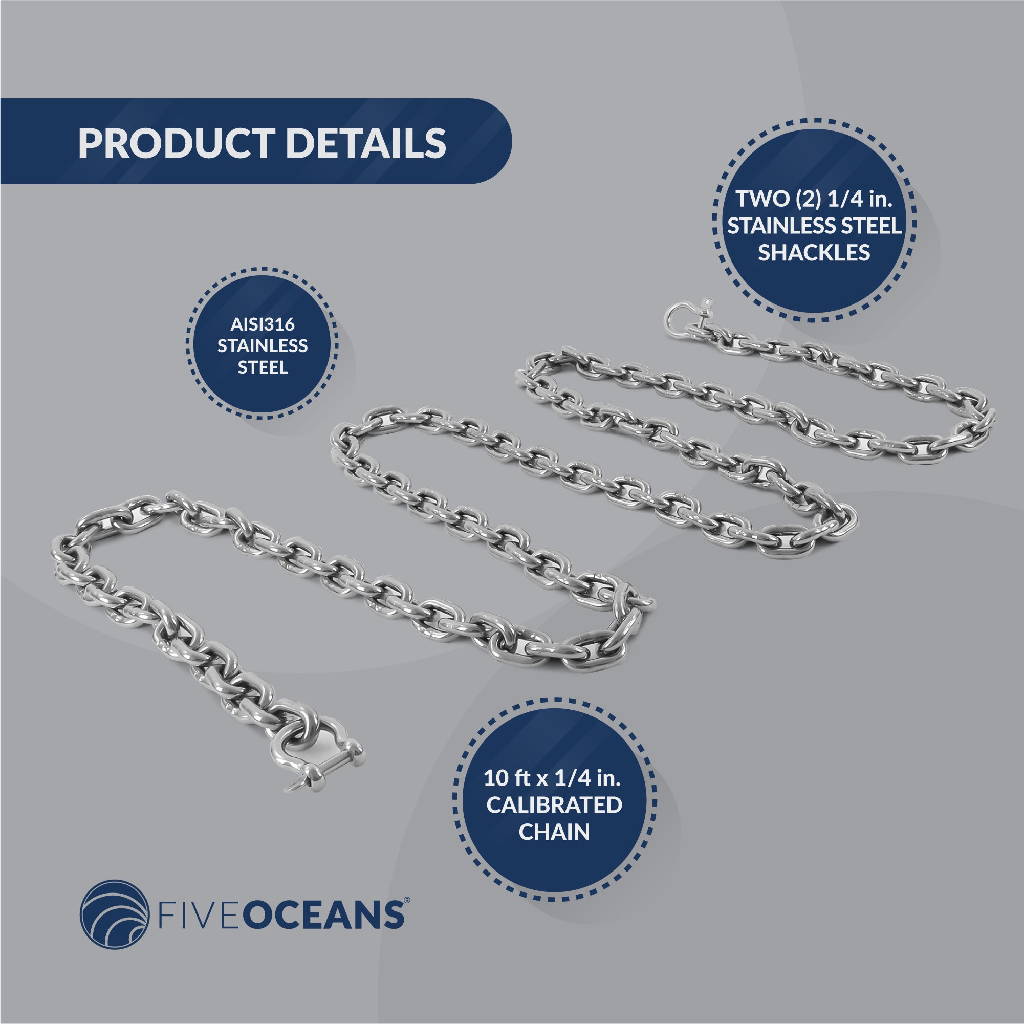 Boat Anchor Lead Chain with Shackles, 1/4" x 10', HTG4 Stainless Steel - FO4492-S10 - Five Oceans