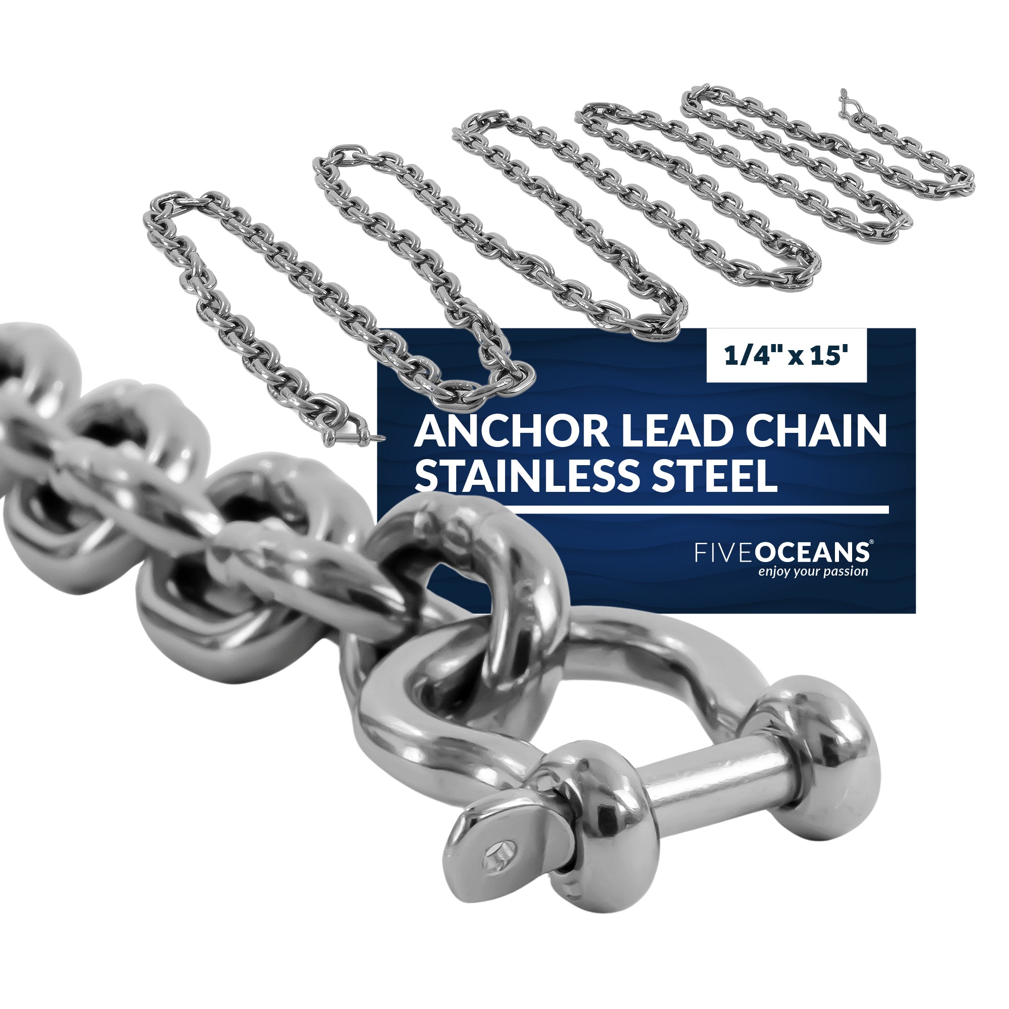 Boat Anchor Lead Chain with Shackles, 1/4" x 15', HTG4 Stainless Steel - FO4492-S15 - Five Oceans