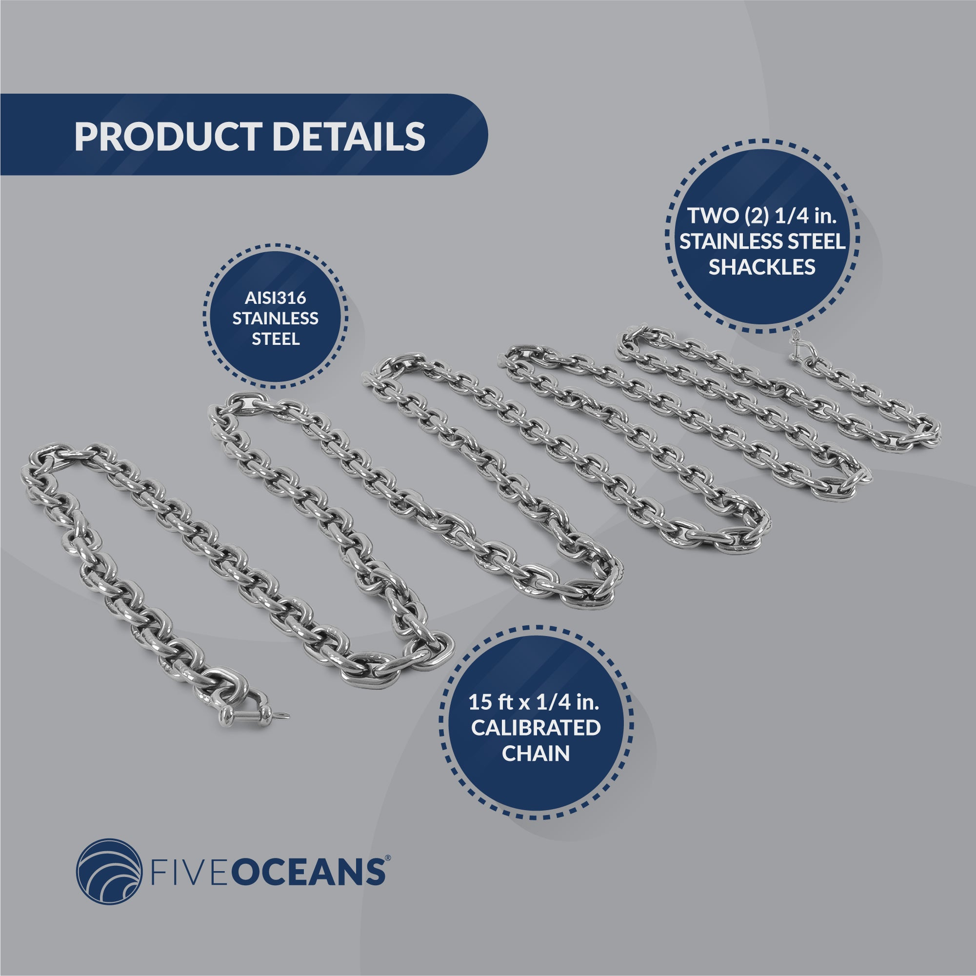 Anchor Lead Chain 1/4" x 15', HTG4 Stainless Steel - FO4492-S15