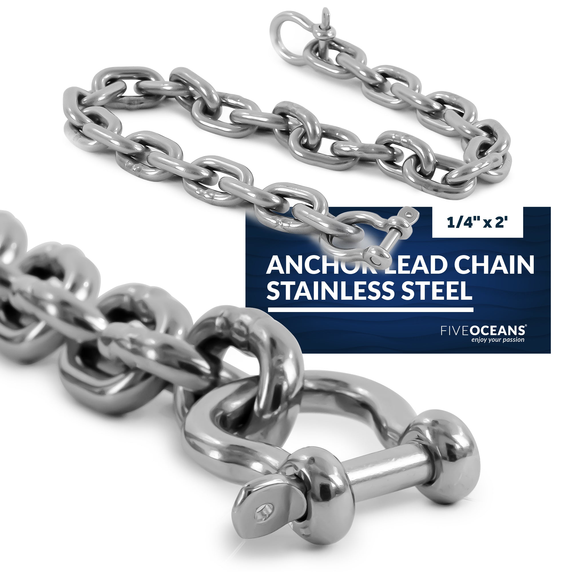 Boat Anchor Lead Chain with Shackles, 1/4" x 2', HTG4 Stainless Steel - FO4492-S2