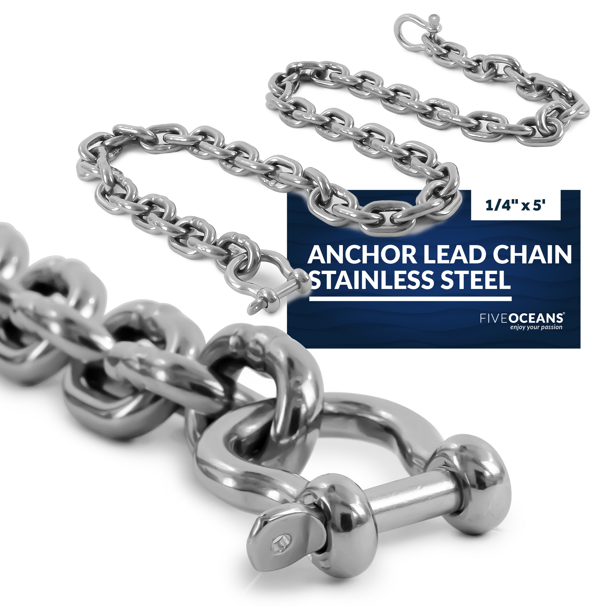 Boat Anchor Lead Chain with Shackles, 1/4" x 5', HTG4 Stainless Steel - FO4492-S5 - Five Oceans