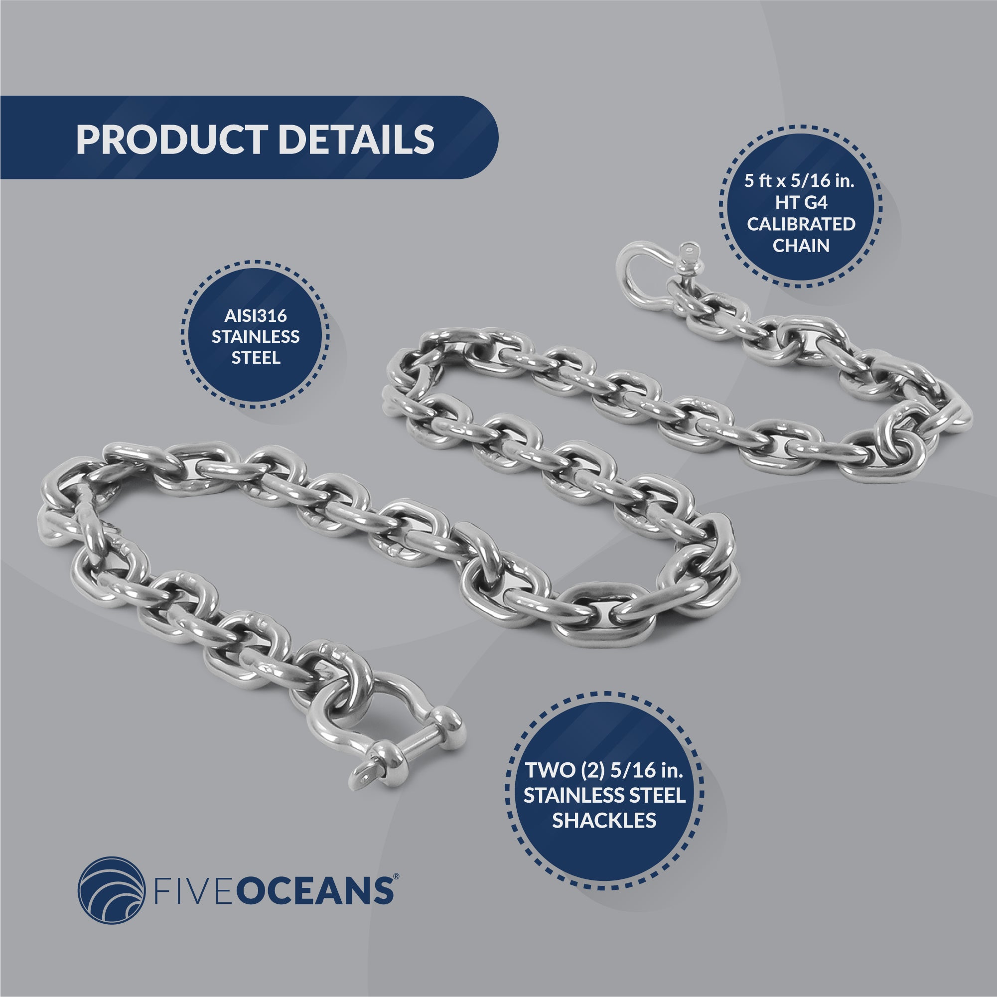 Boat Anchor Lead Chain with Shackle, 5/16" x 5', HTG4 Stainless Steel - FO4493-S5 - Five Oceans
