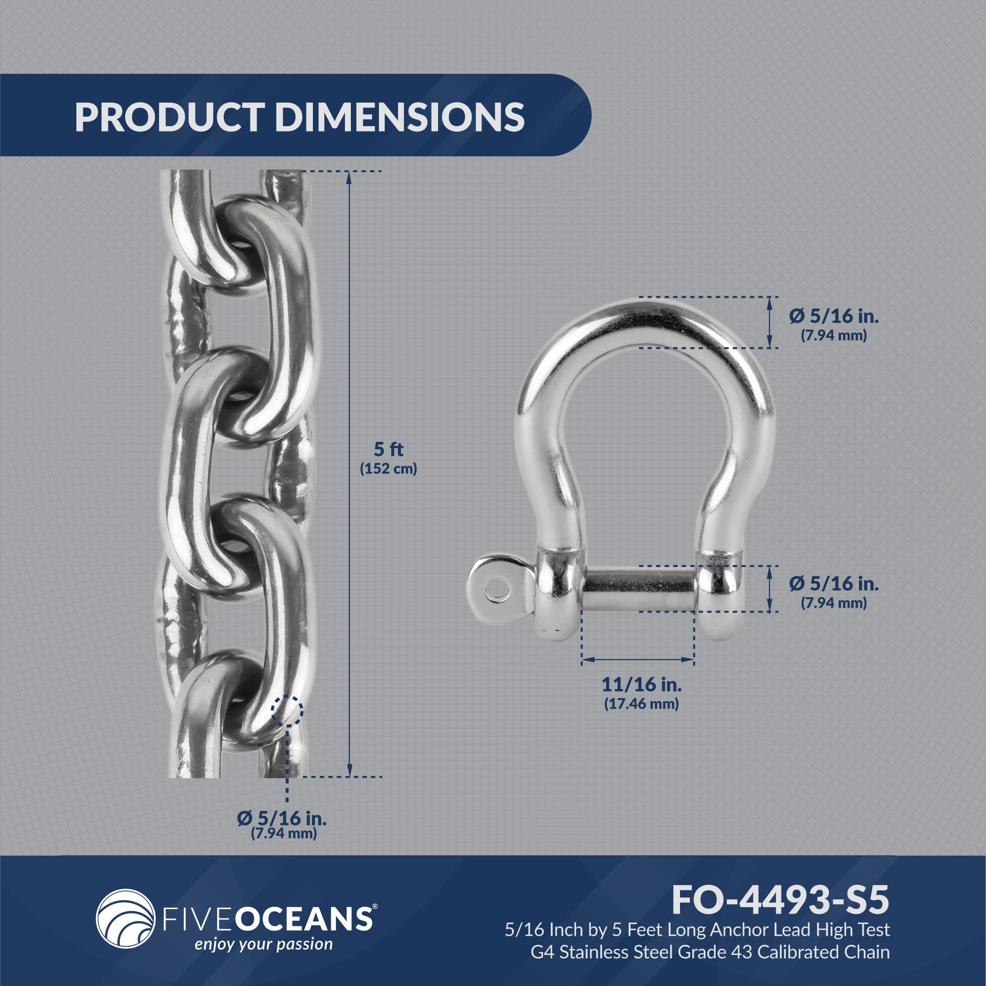 Boat Anchor Lead Chain with Shackle, 5/16" x 5', HTG4 Stainless Steel - FO4493-S5 - Five Oceans