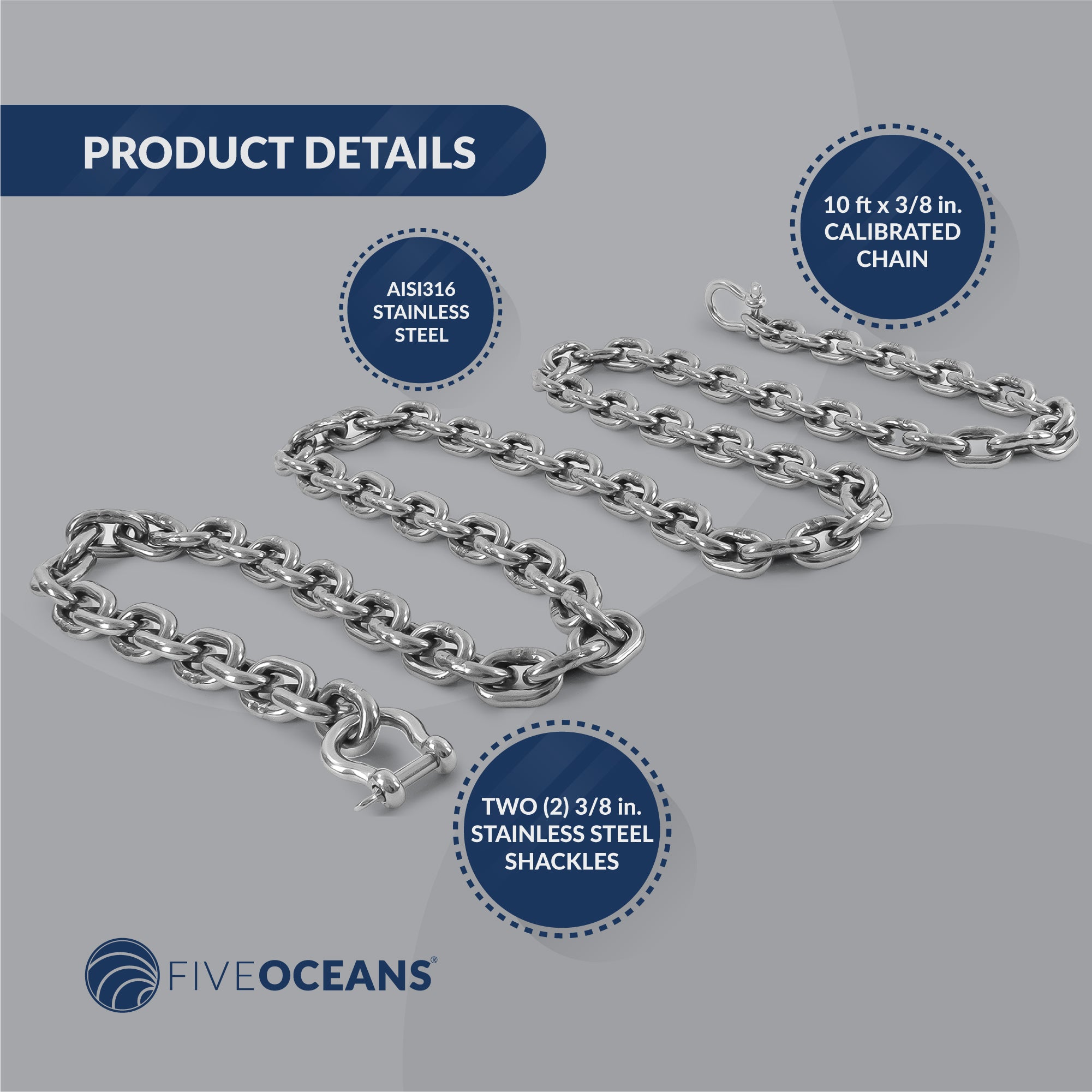 Anchor Lead Chain 3/8" x 10', HTG4 Stainless Steel - FO4494-S10