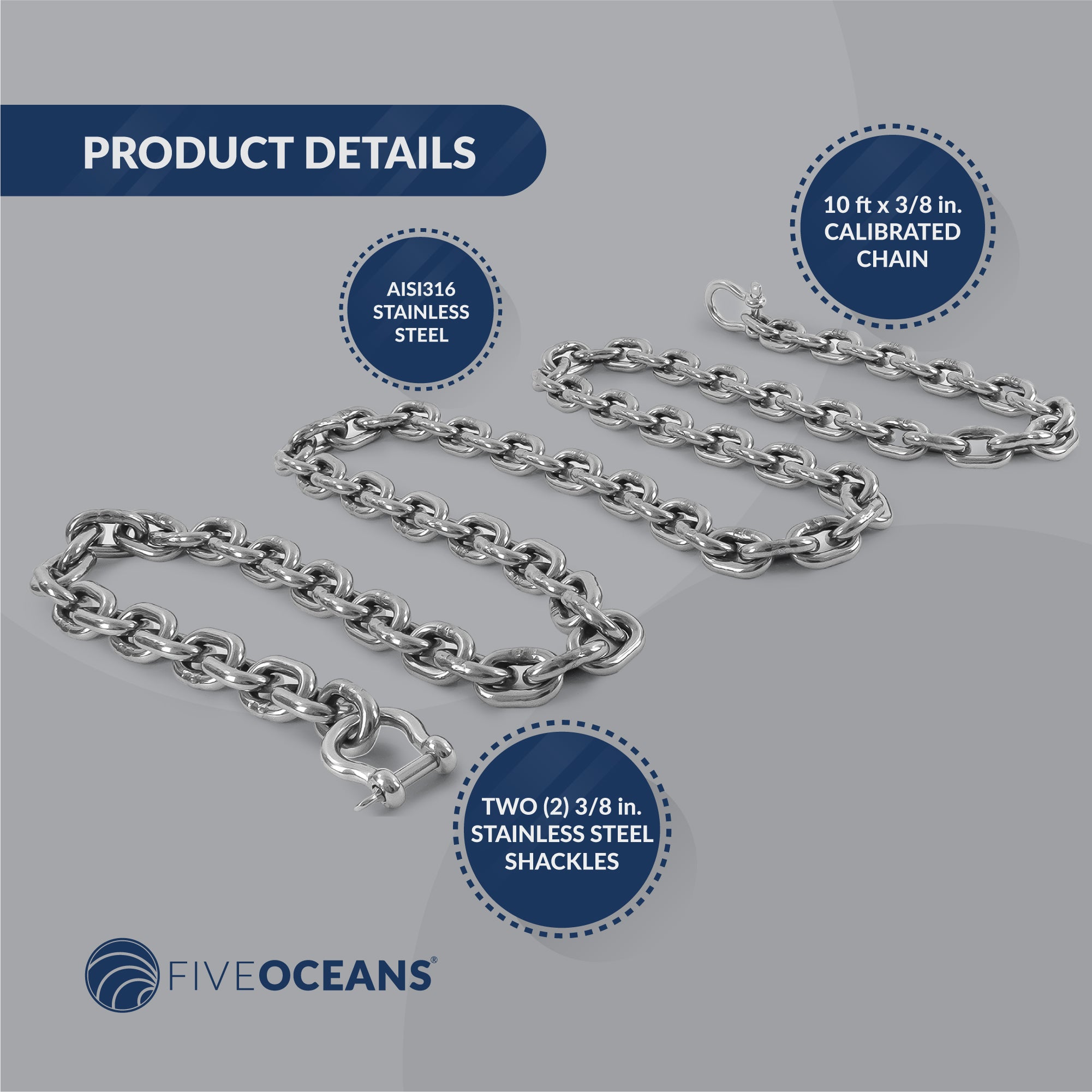 Boat Anchor Lead Chain with Shackles, 3/8" x 10', HTG4 Stainless Steel - FO4494-S10 - Five Oceans