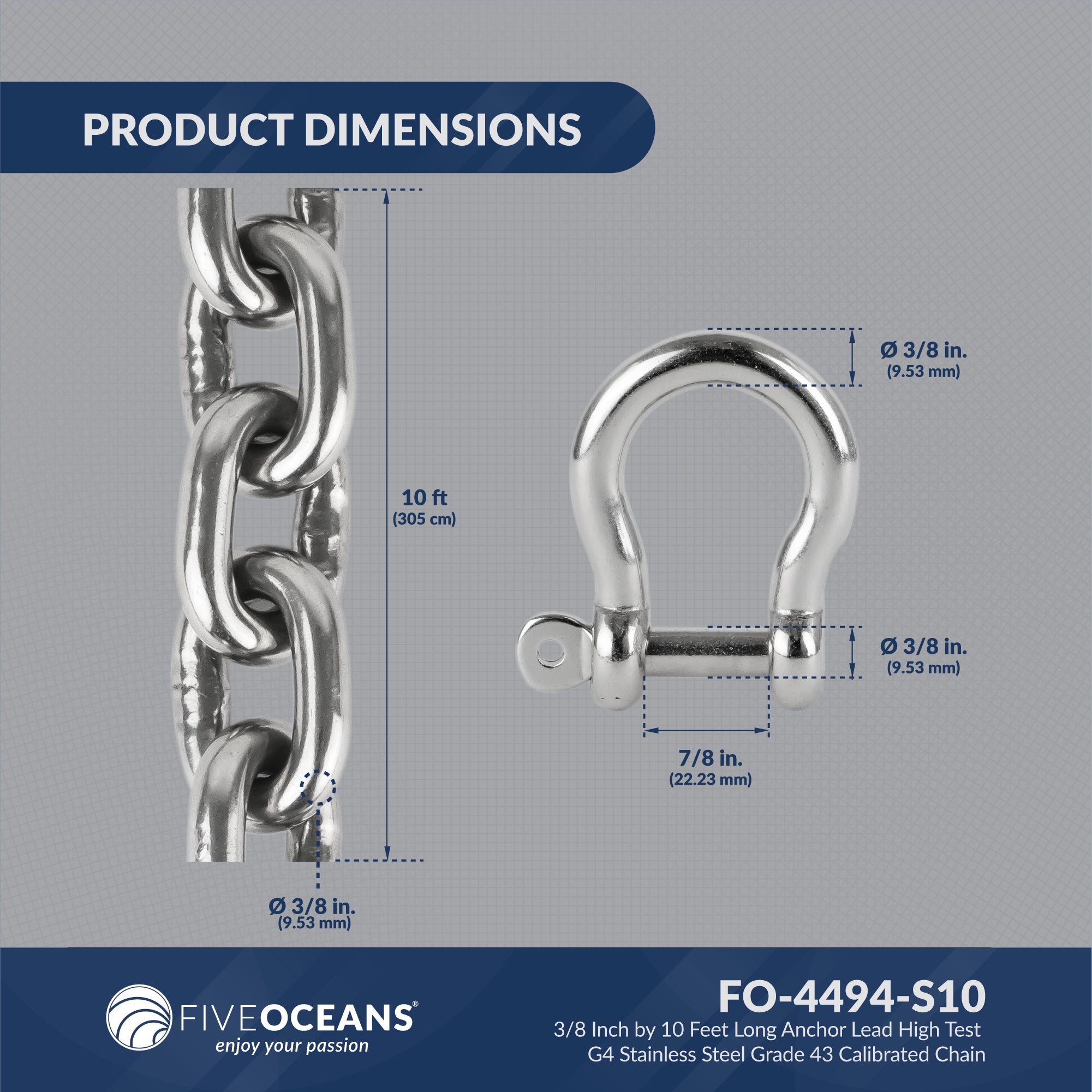 Boat Anchor Lead Chain with Shackles, 3/8" x 10', HTG4 Stainless Steel - FO4494-S10 - Five Oceans