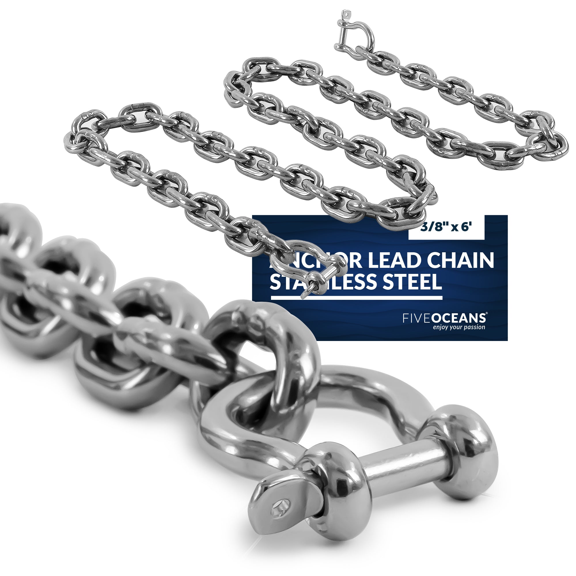 Boat Anchor Lead Chain with Shackles, 3/8" x 6', HTG4 Stainless Steel - FO4494-S6