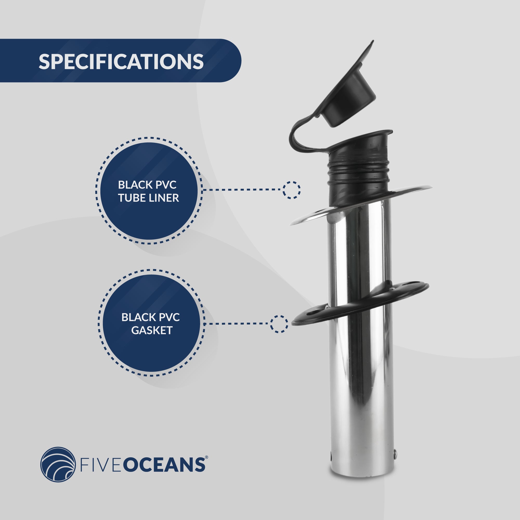 Stainless Steel Flush-Mount Fishing Rod Holder, 15-Degree Top Flange, PVC Tube Inside with Flip-up Cap, PVC Gasket, Open Base, 1-Pack, FO-4496 - Five Oceans