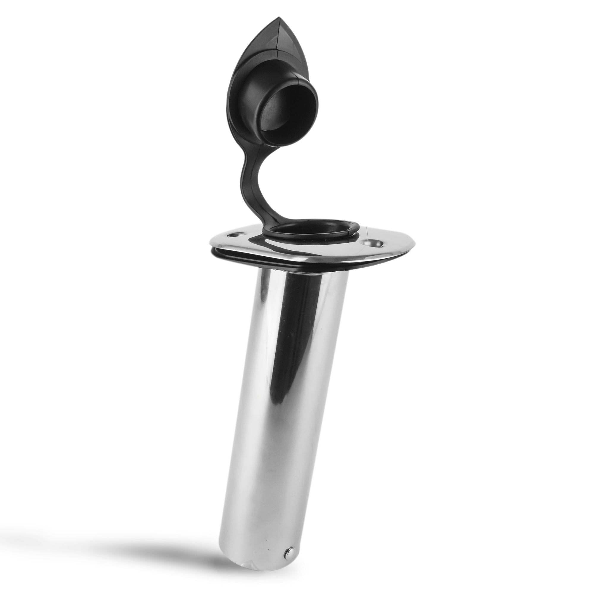 Stainless Steel Flush-Mount Fishing Rod Holder, 15-Degree Top Flange, PVC Tube Inside with Flip-up Cap, PVC Gasket, Open Base, 1-Pack, FO-4496 - Five Oceans