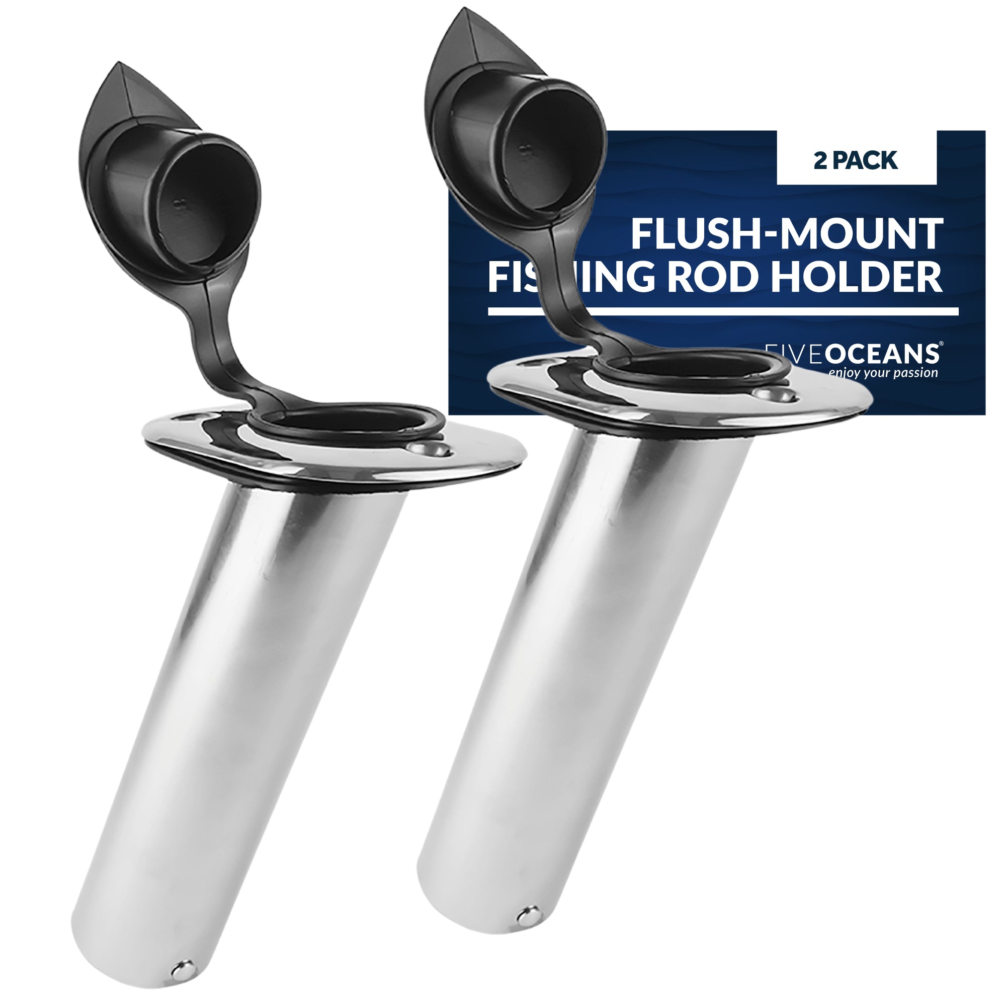 Stainless Steel Flush Mount Fishing Rod Holder 30 Degree Top Flange PVC Tube Inside with Flip up Cap PVC Gasket Open Base 2 Pack FO 4497 M2 Five Oceans