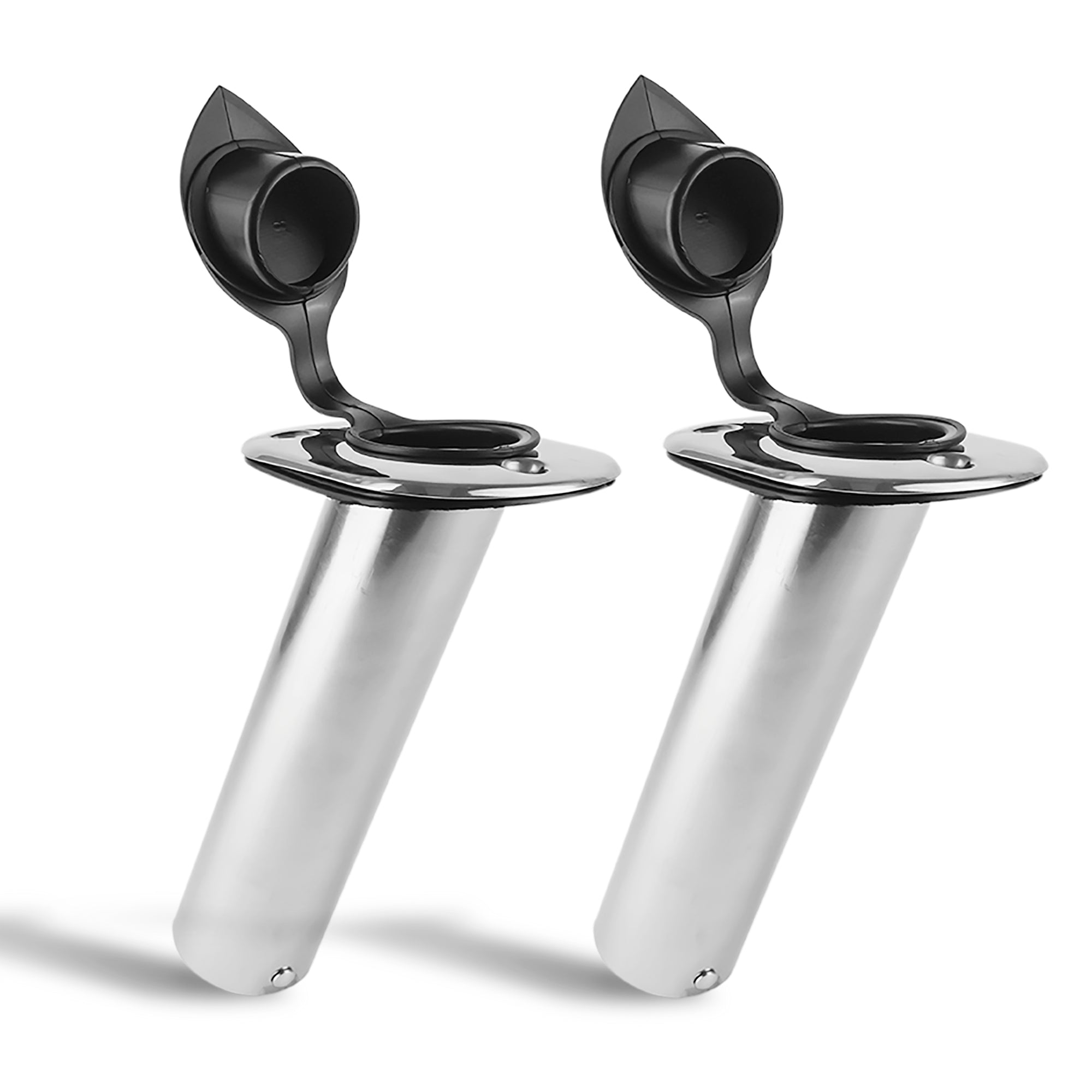 Stainless Steel Flush-Mount Fishing Rod Holder, 30-Degree Top Flange, PVC Tube Inside with Flip-up Cap, PVC Gasket, Open Base, 2-Pack, FO-4497-M2 - Five Oceans