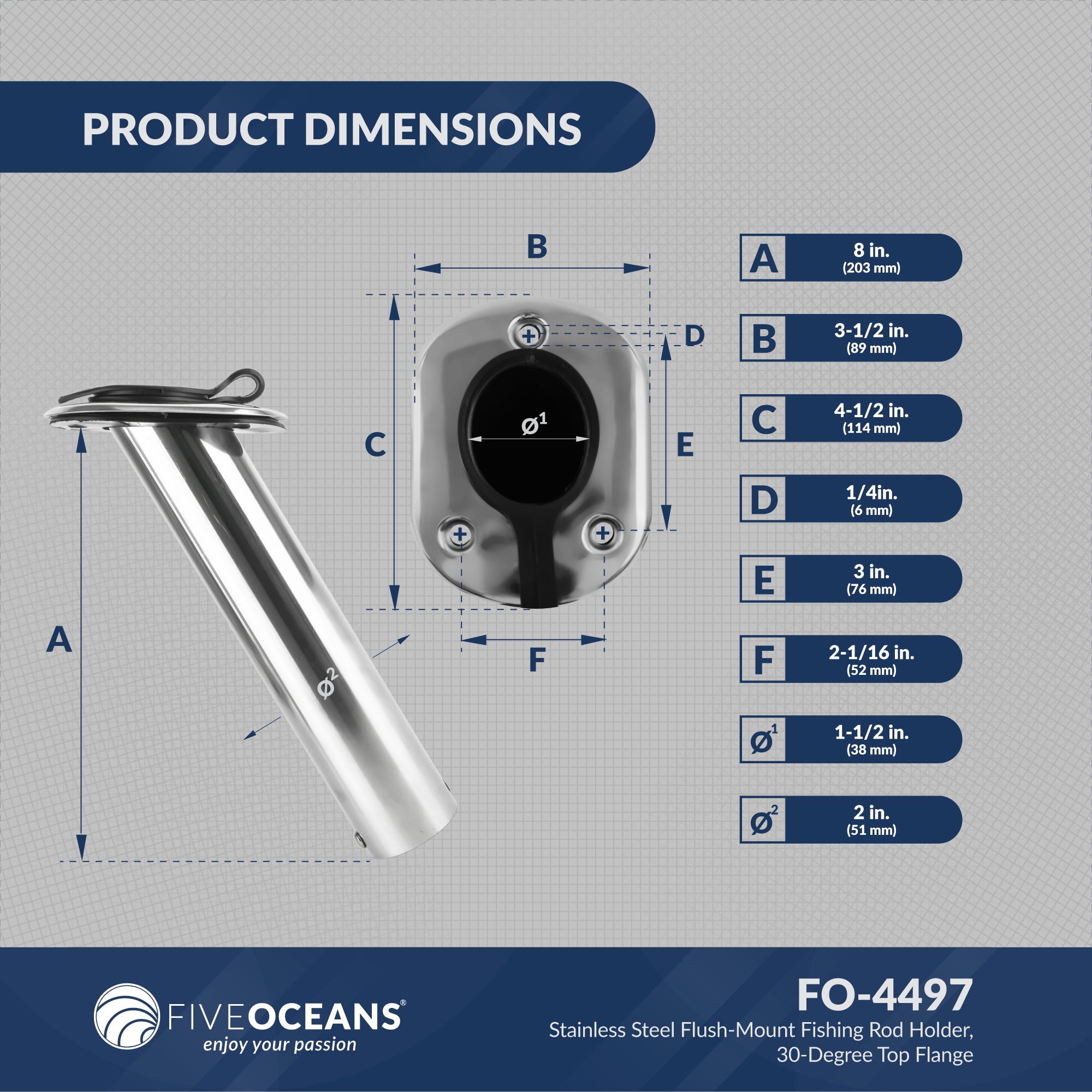 Five Oceans Flush-Mount Fishing Rod Holder 30-Degree Top Flange w/ Flip-Up Cap, Open Base End Stainless Steel (2 Pack) Fo4497-m2