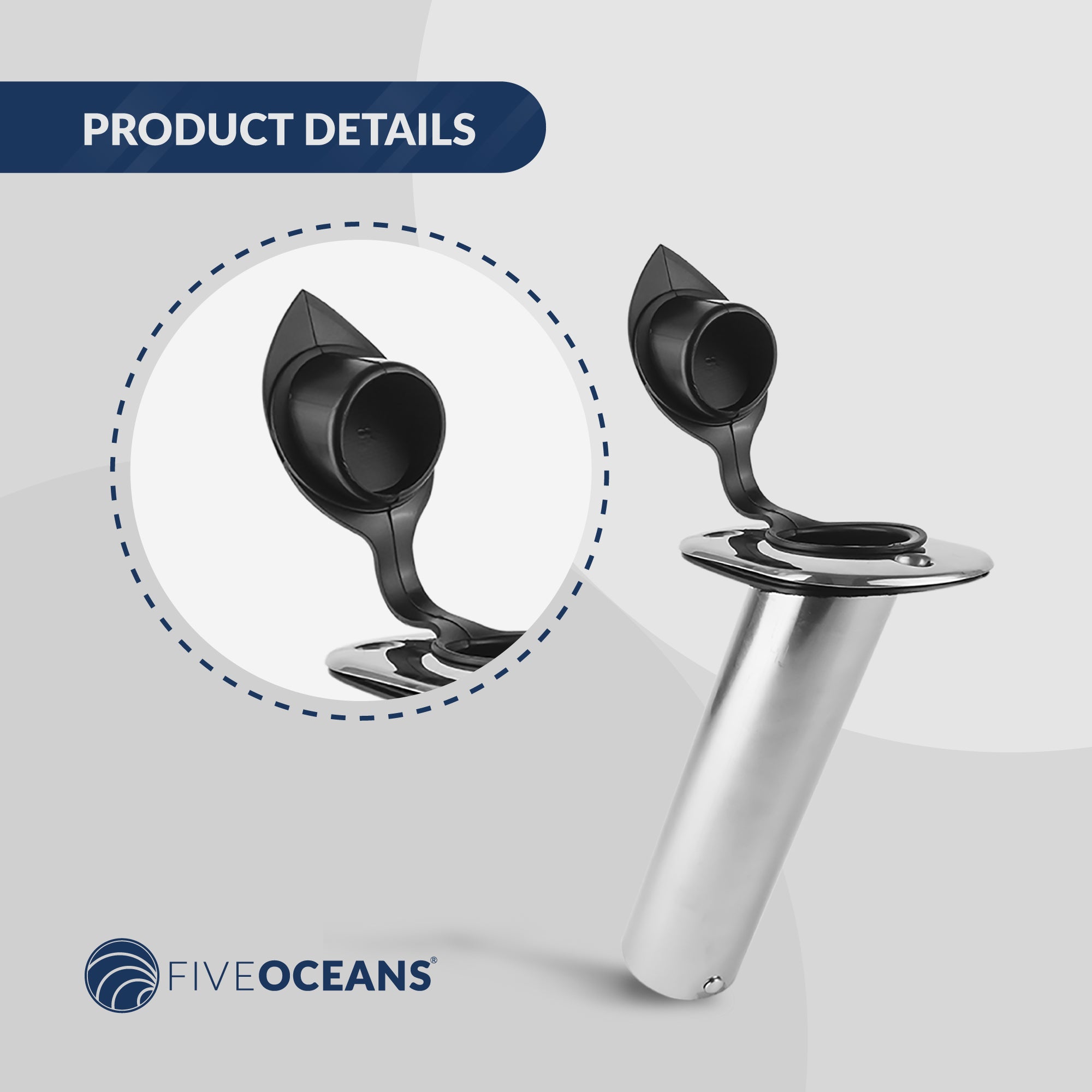 Stainless Steel Flush-Mount Fishing Rod Holder, 30-Degree Top Flange, PVC Tube Inside with Flip-up Cap, PVC Gasket, Open Base, 4-Pack, FO-4497-M4 - Five Oceans