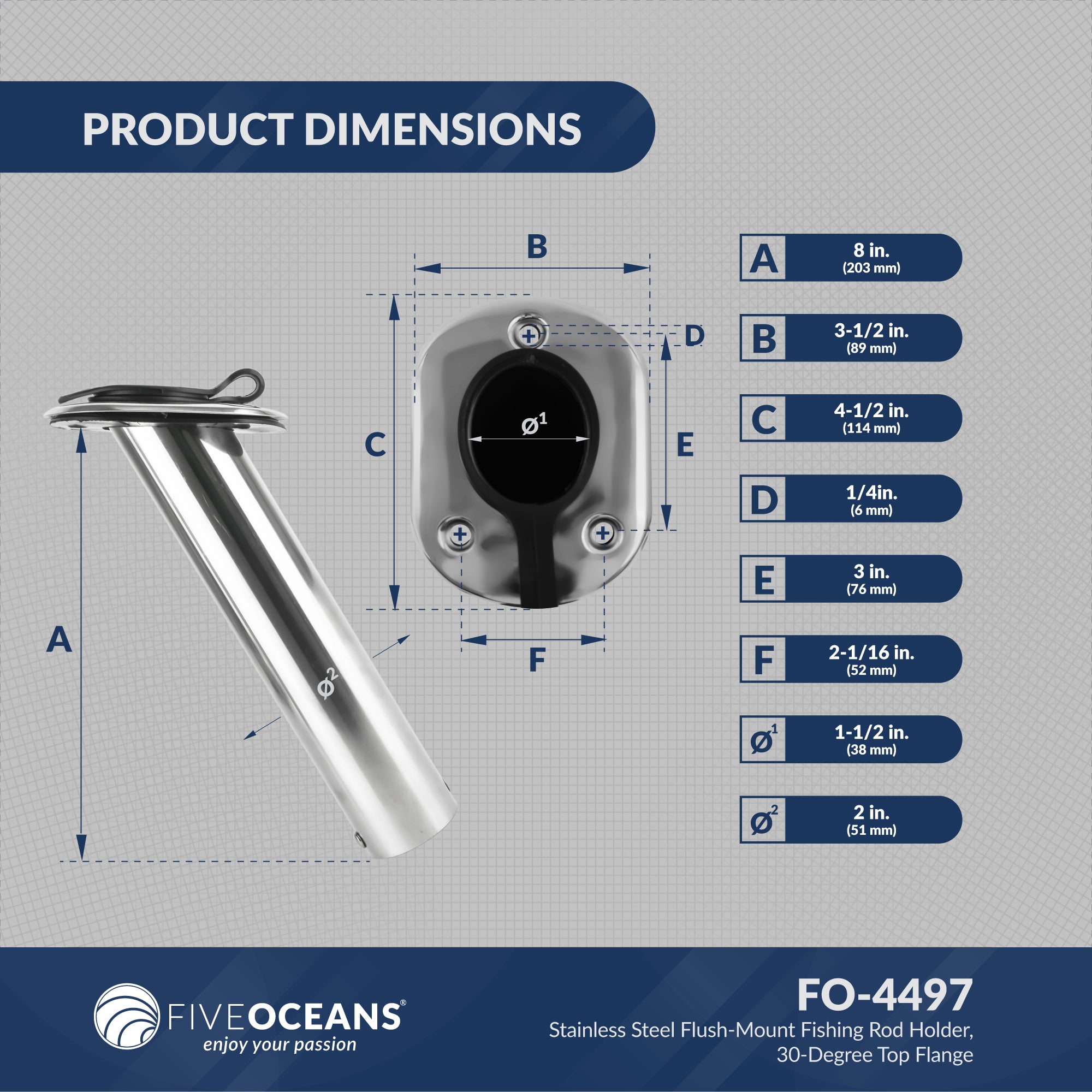 Stainless Steel Flush-Mount Fishing Rod Holder, 30-Degree Top Flange, PVC Tube Inside with Flip-up Cap, PVC Gasket, Open Base, 4-Pack, FO-4497-M4 - Five Oceans
