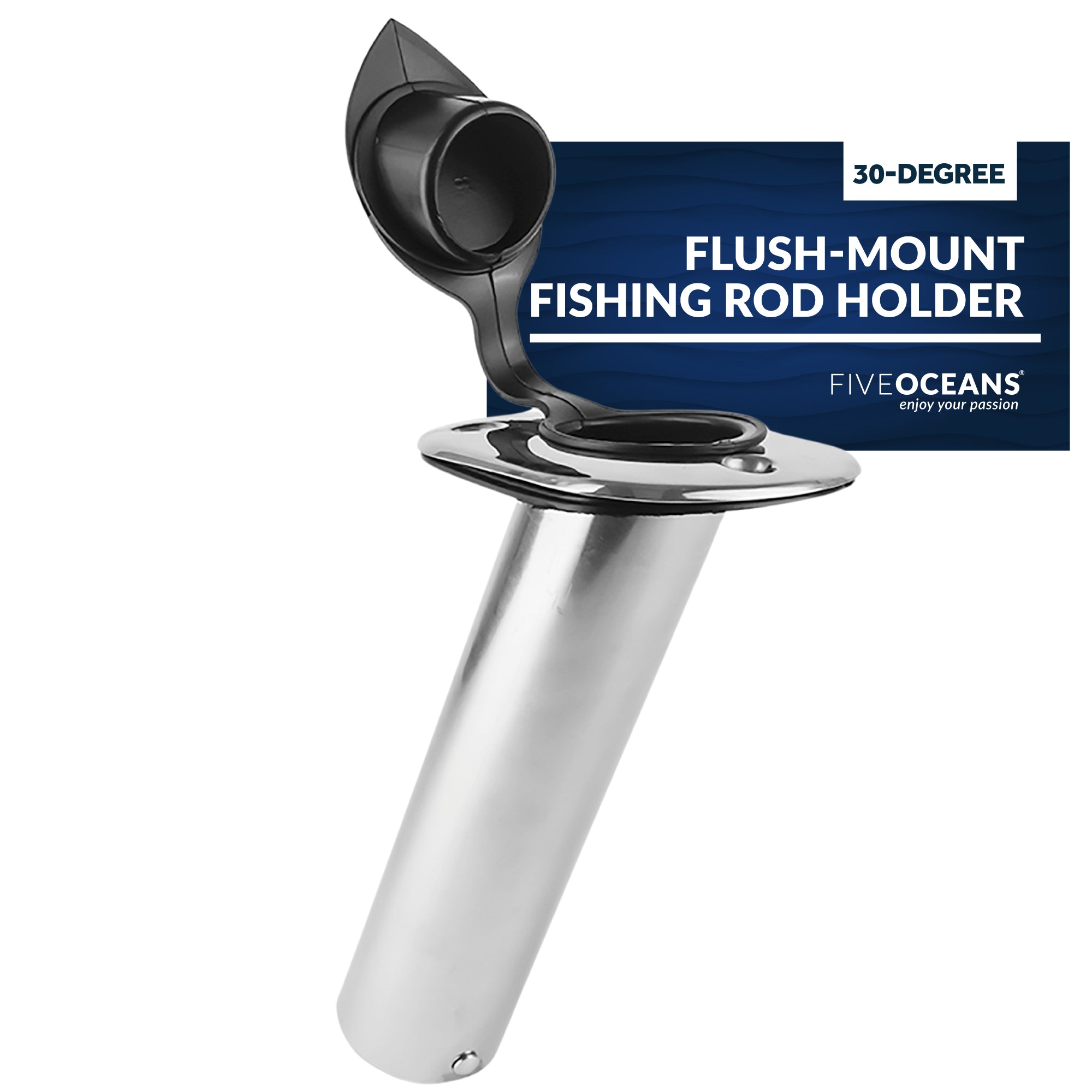 Stainless Steel Flush-Mount Fishing Rod Holder, 30-Degree Top Flange, PVC Inside Tube w/ Flip-up Cap and Gasket, Open End Base, 1-Pack, FO-4497