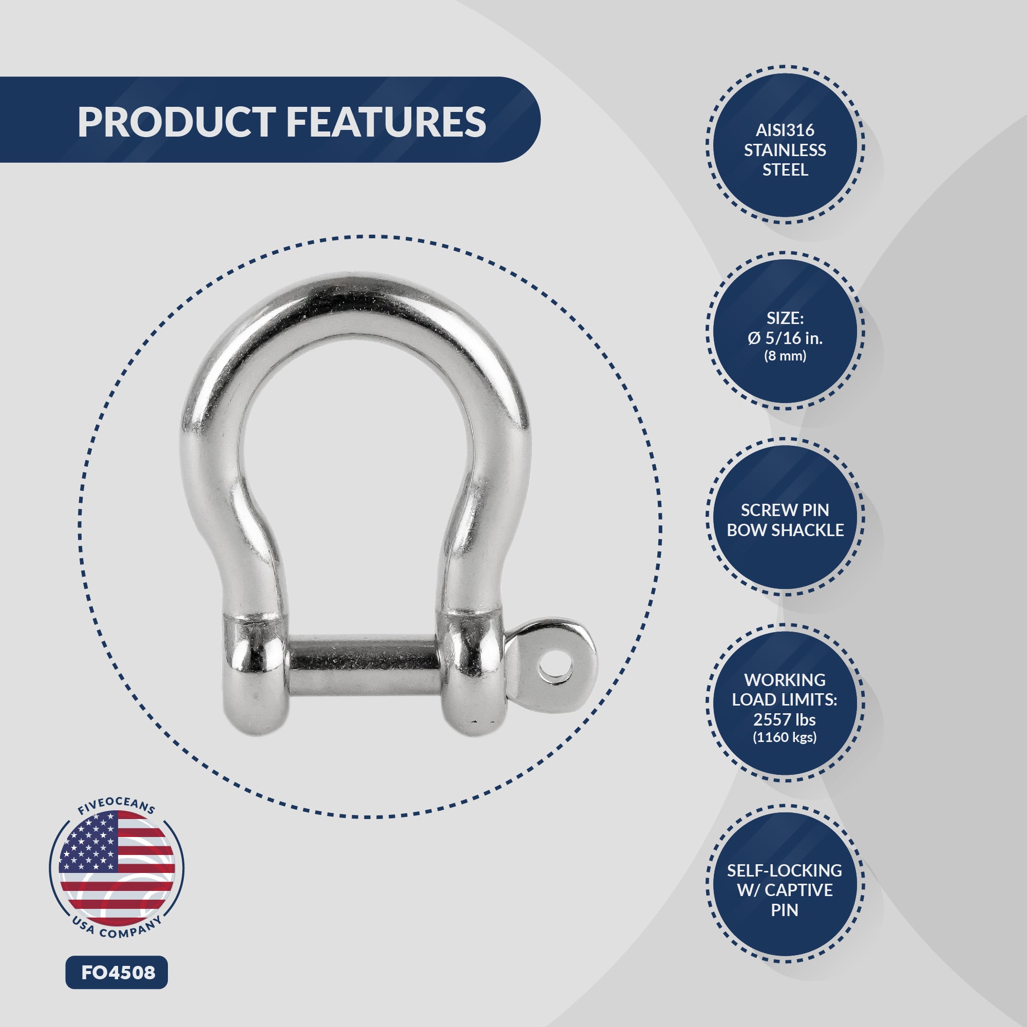 5/16" (8mm) Screw Pin Anchor Bow Shackle, Stainless Steel - FO4508 - Five Oceans