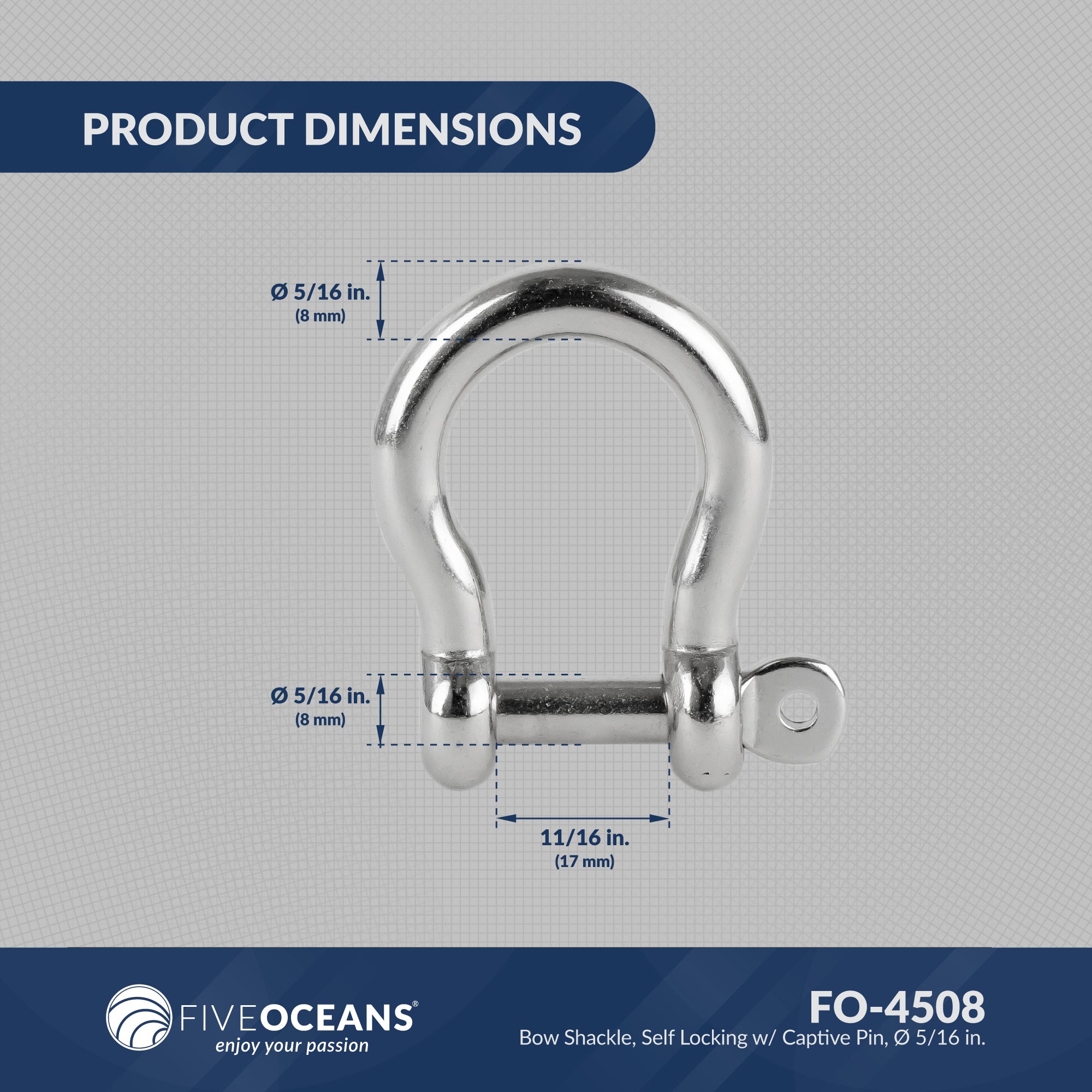 5/16" (8mm) Screw Pin Anchor Bow Shackle, Stainless Steel - FO4508 - Five Oceans