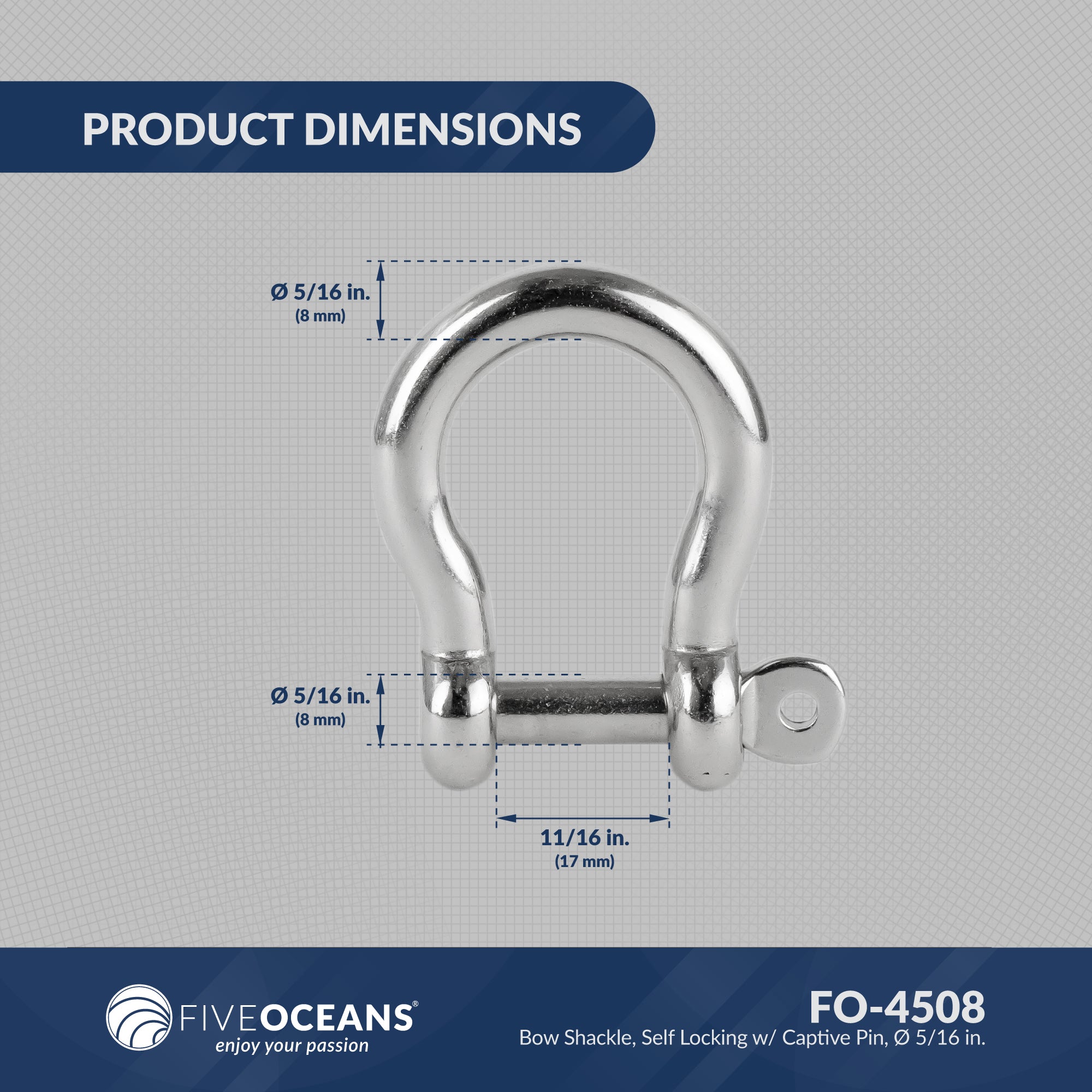 Screw Pin Bow Shackle 5/16", Stainless Steel, with captive Pin - FO4508