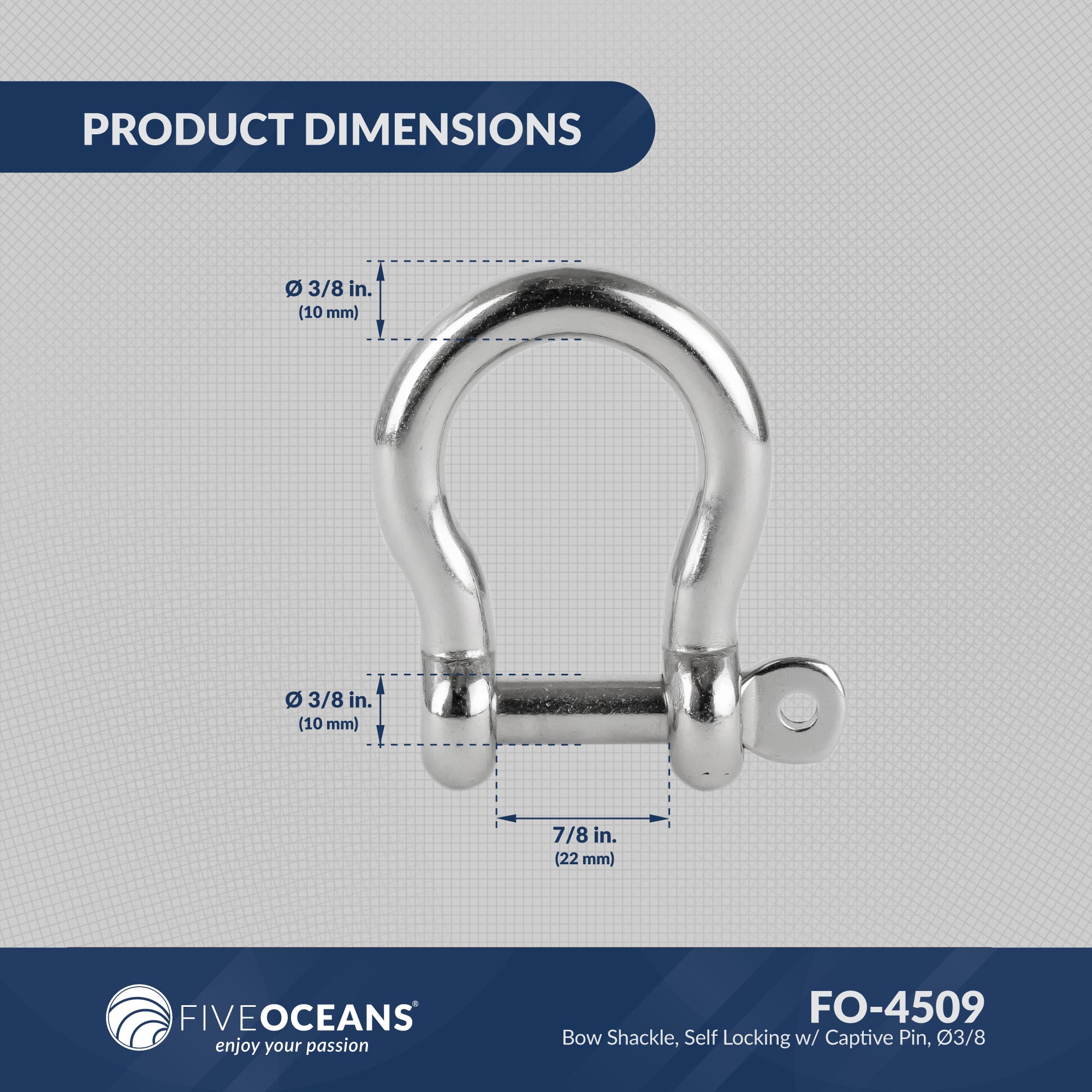 3/8" (10mm) Screw Pin Anchor Bow Shackle, Stainless Steel - FO4509 - Five Oceans