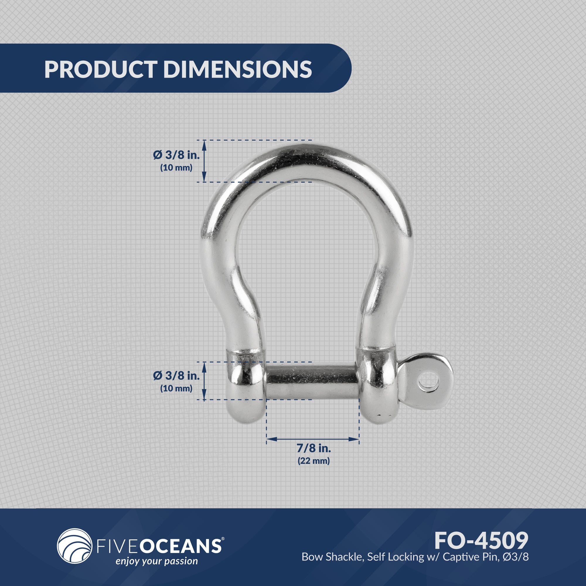 Screw Pin Bow Shackle 3/8", Stainless Steel, with captive Pin - FO4509