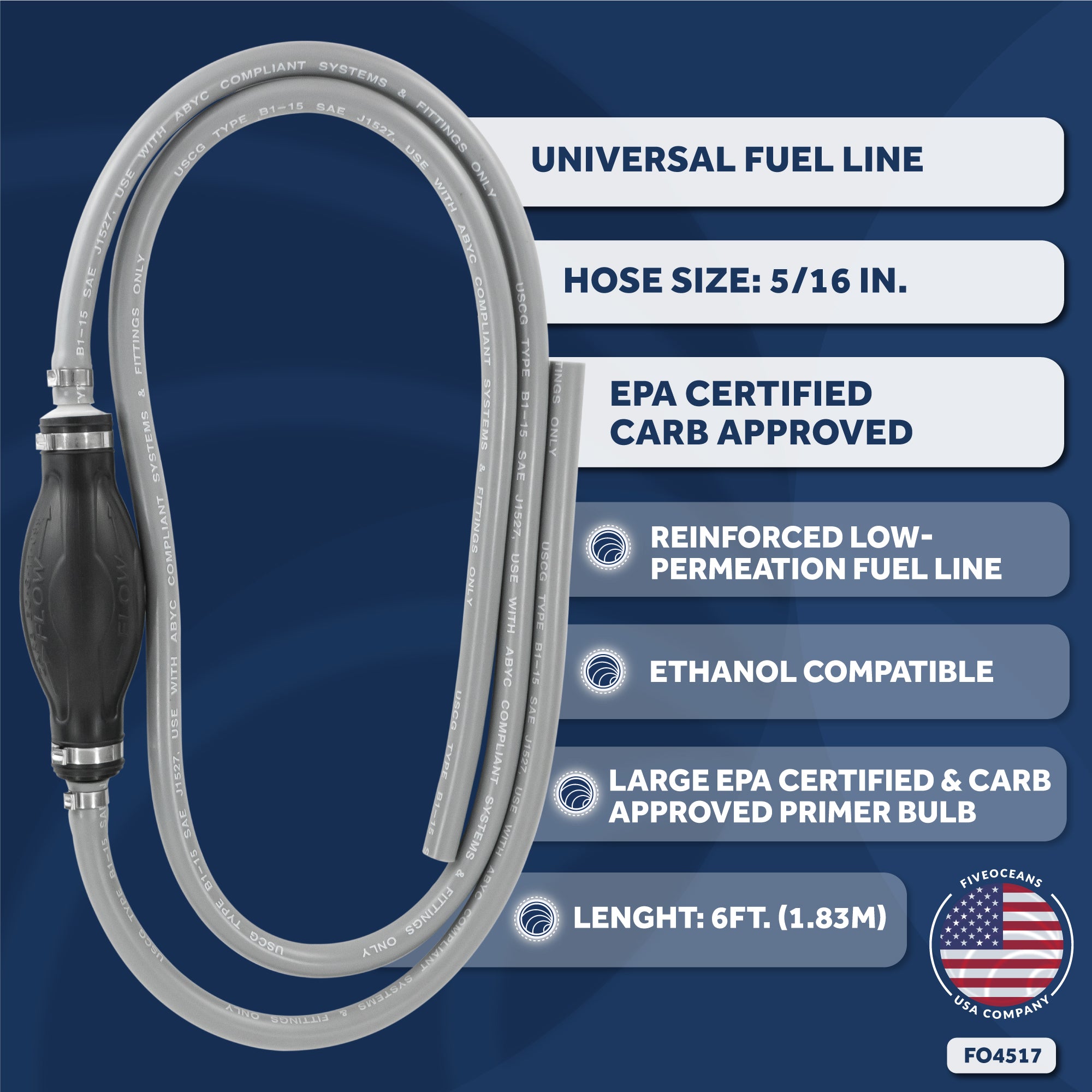 Fuel Line with Primer Bulb, Universal, 5/16" Hose x 6' Long, EPA/CARB - FO4517