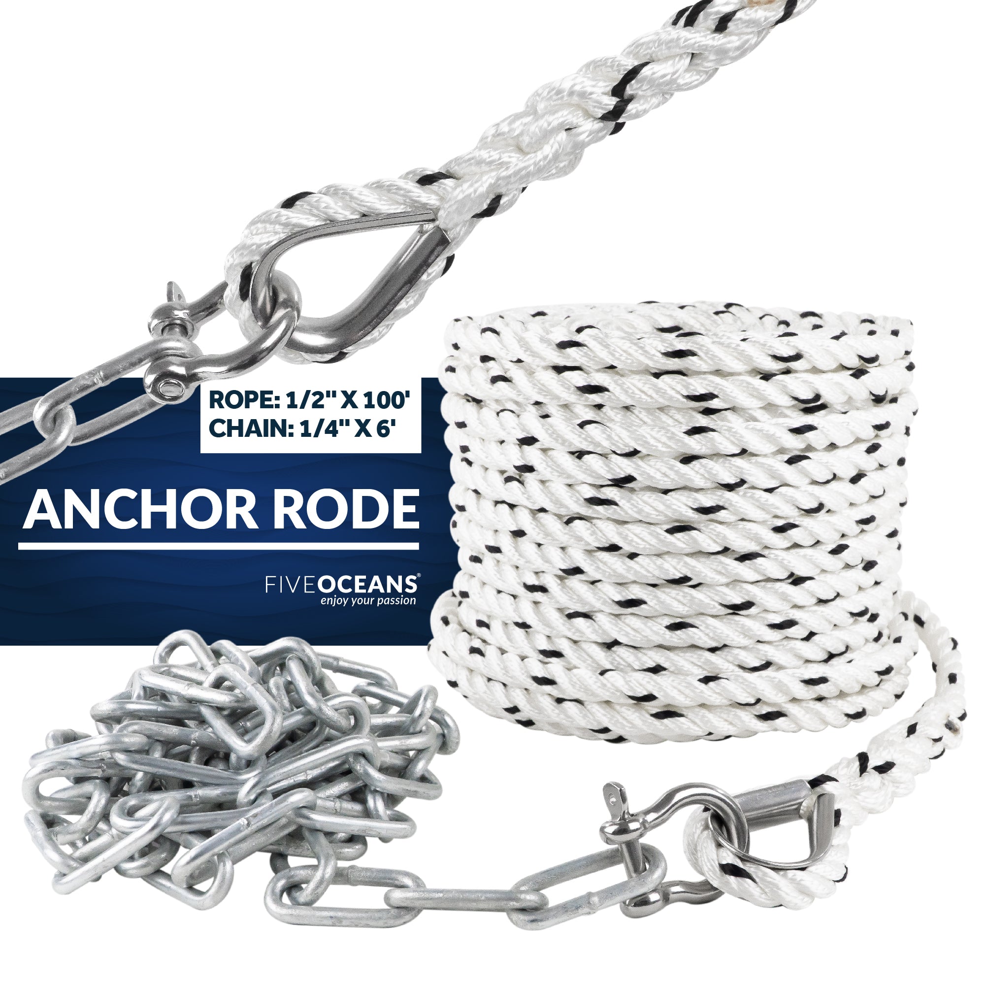 Anchor Rode, 1/2" x 100' Nylon 3-Strand Rope, 1/4" x 6' Hot Dipped Galvanized Steel Chain - FO4521