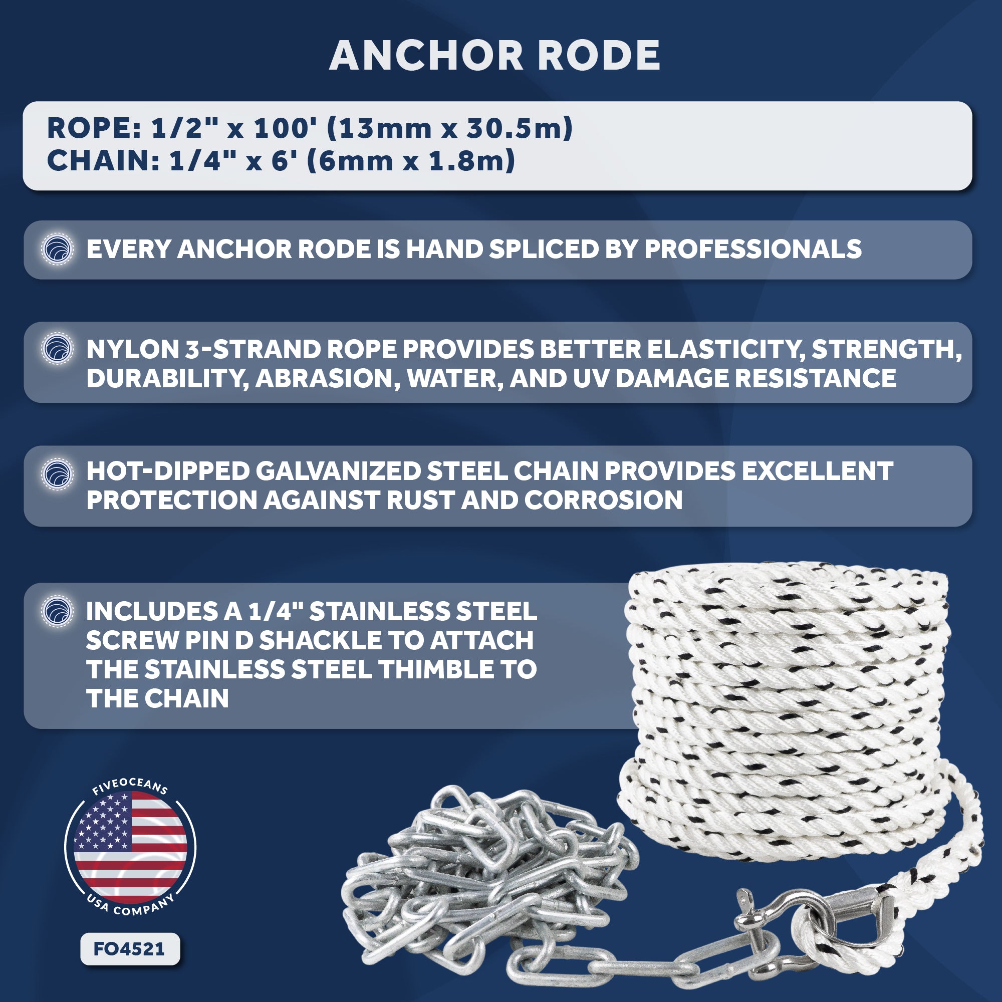 Anchor Rode, 1/2" x 100' Nylon 3-Strand Rope, 1/4" x 6' Hot Dipped Galvanized Steel Chain - FO4521