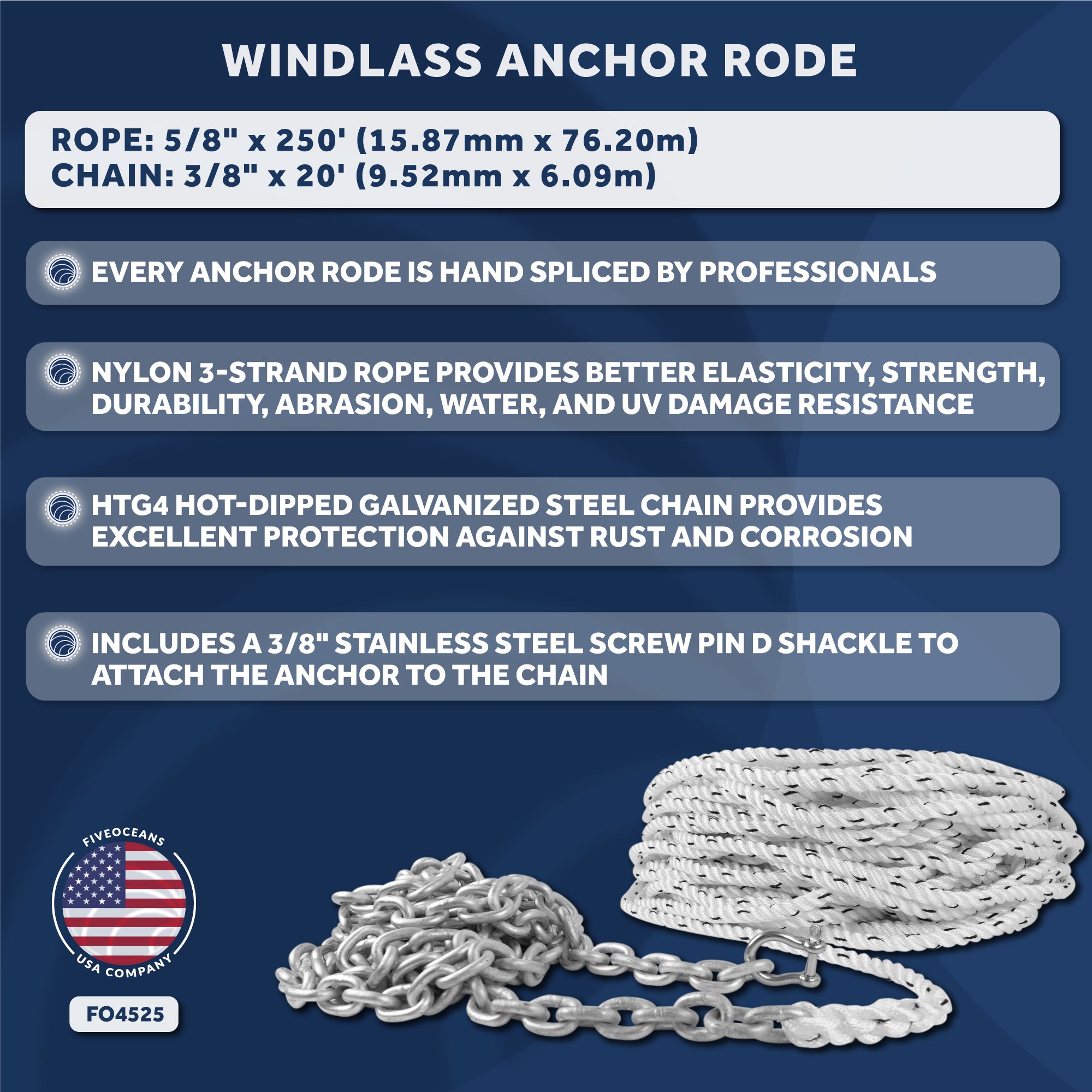 Windlass Anchor Rode, 5/8" x 250' Nylon 3-Strand Rope, 3/8" x 20' G4 Hot-Dipped Galvanized Steel Chain - FO4525
