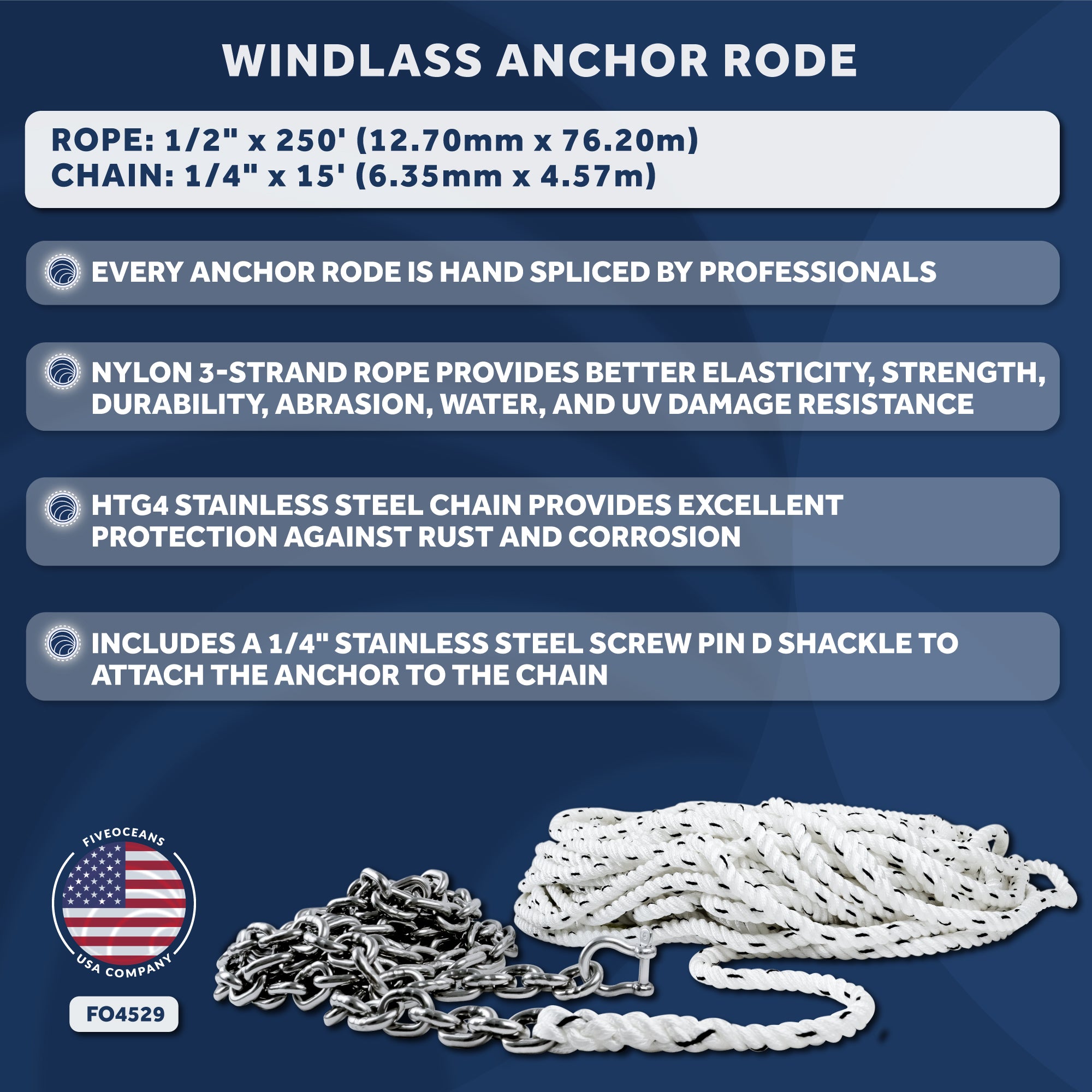 Windlass Anchor Rode, 1/2" x 250' Nylon 3-Strand Rope, 1/4 x 15' G4 Stainless Steel Chain - FO4529