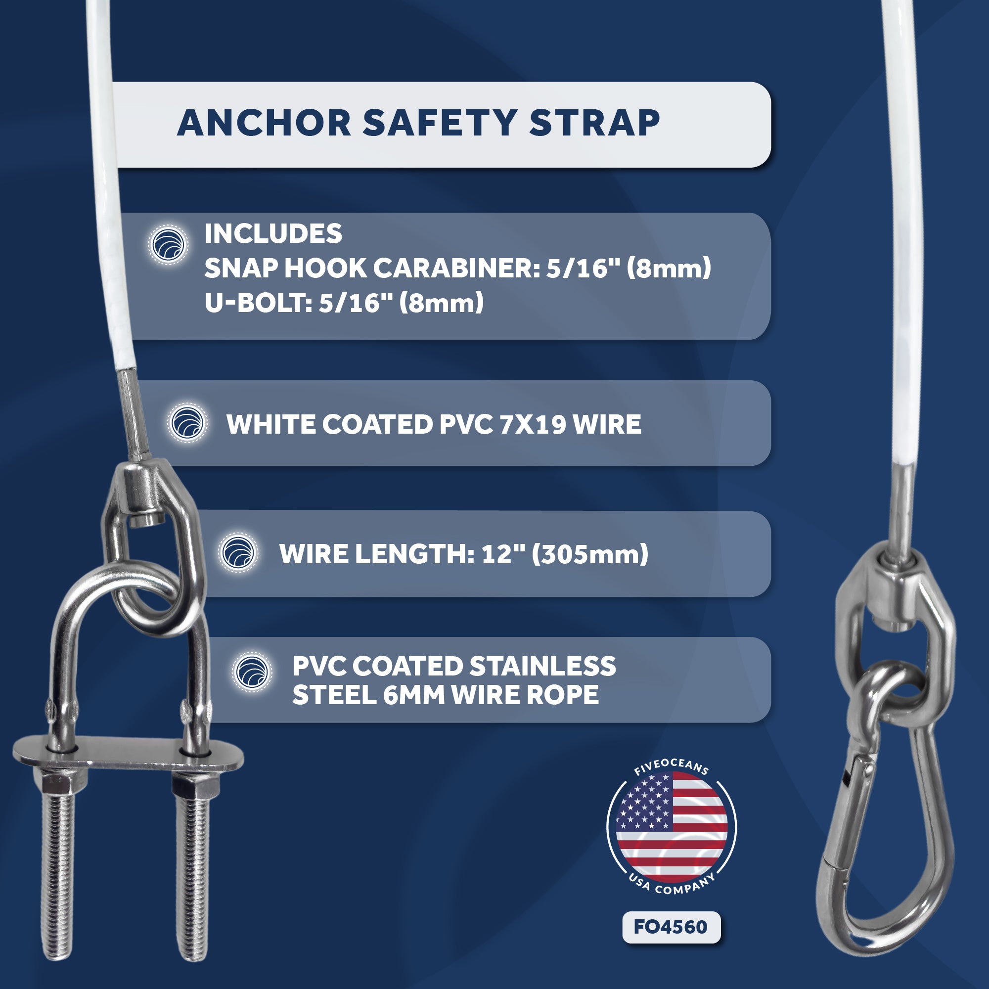 Five Oceans 12-Inch Anchor Safety Straps Heavy Duty 7x19 PVC Coated Stainless Steel 6mm Wire Rope Includes 5/16-Inch Carabiner Snap Hook and 5/16-Inch