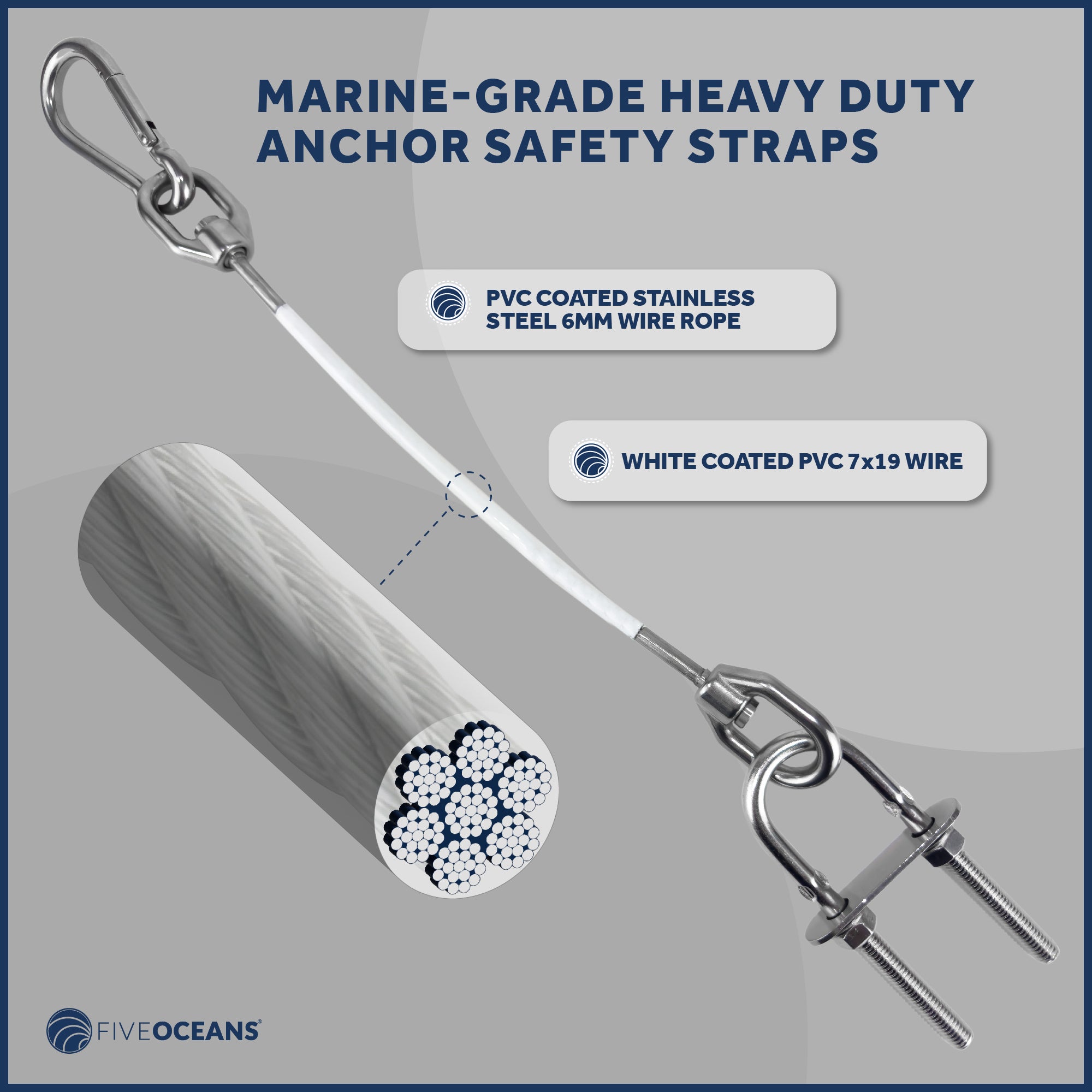 Five Oceans 12-Inch Anchor Safety Straps Heavy Duty 7x19 PVC Coated Stainless Steel 6mm Wire Rope Includes 5/16-Inch Carabiner Snap Hook and 5/16-Inch