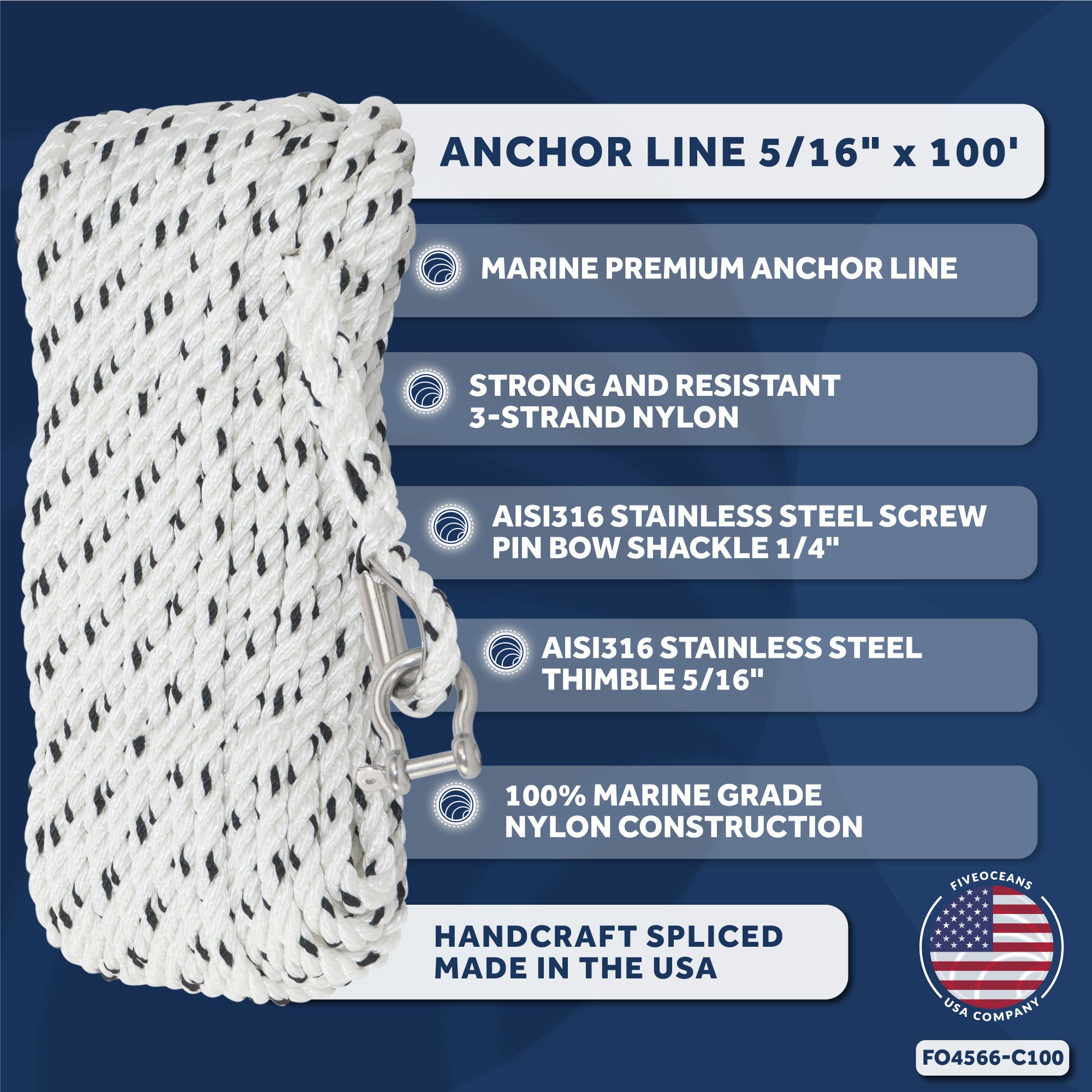 Anchor Line, 5/16" x 100', 3-Strand Nylon Spliced - FO4566-C100