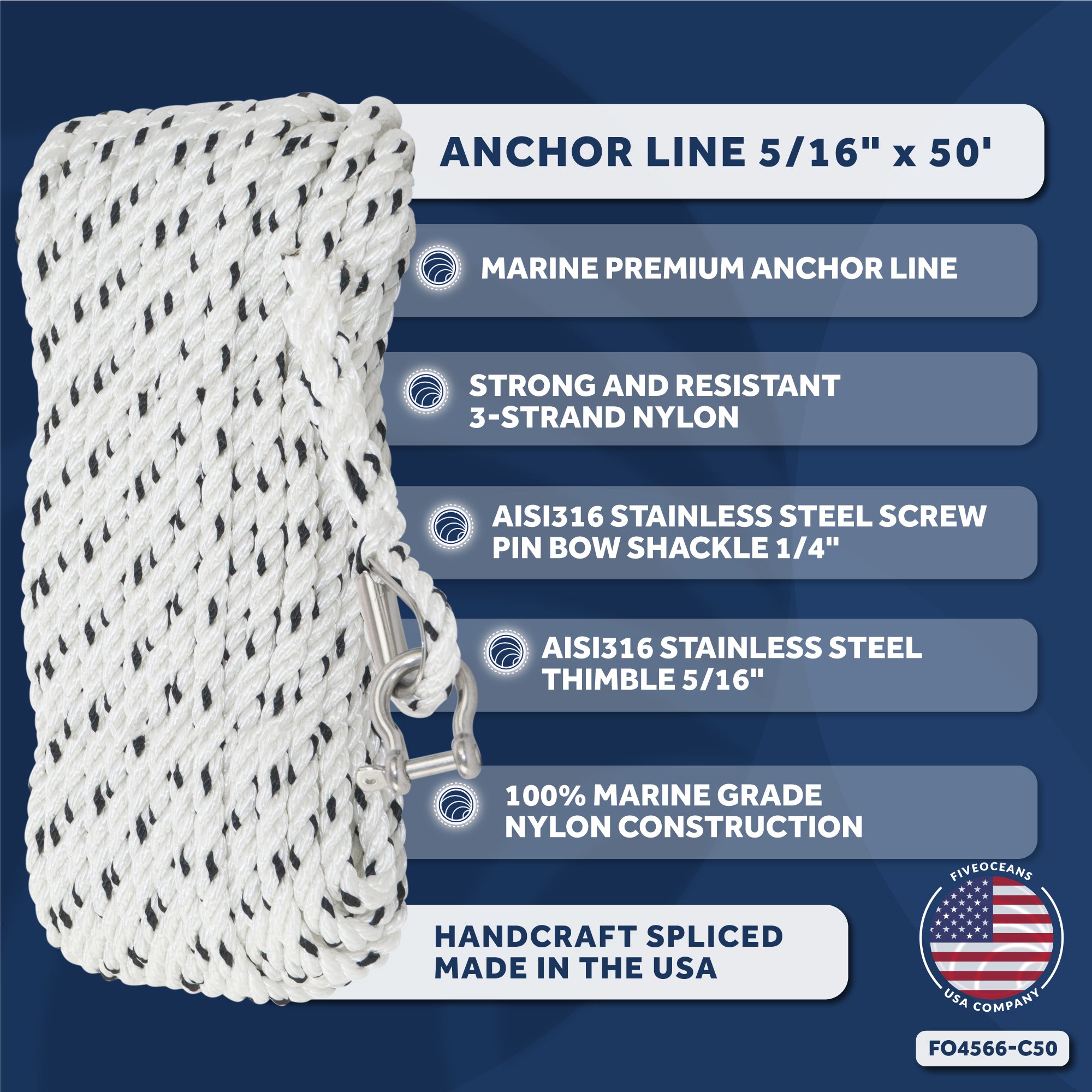 Anchor Line 5/16" x 50', 3-Strand Nylon, Spliced - FO4566-C50