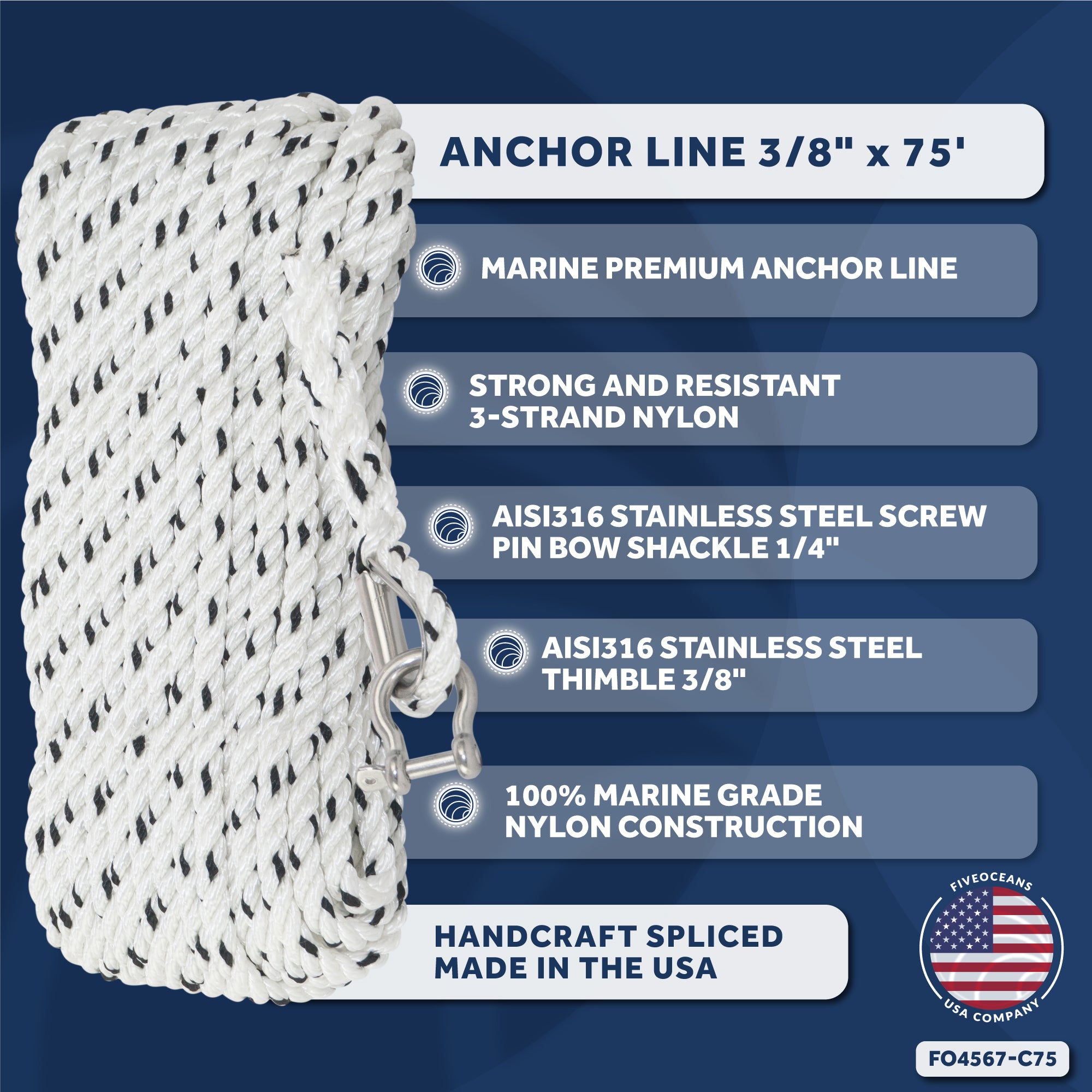 Anchor Line 3/8" x 75', 3-Strand Nylon, Spliced - FO4567-C75