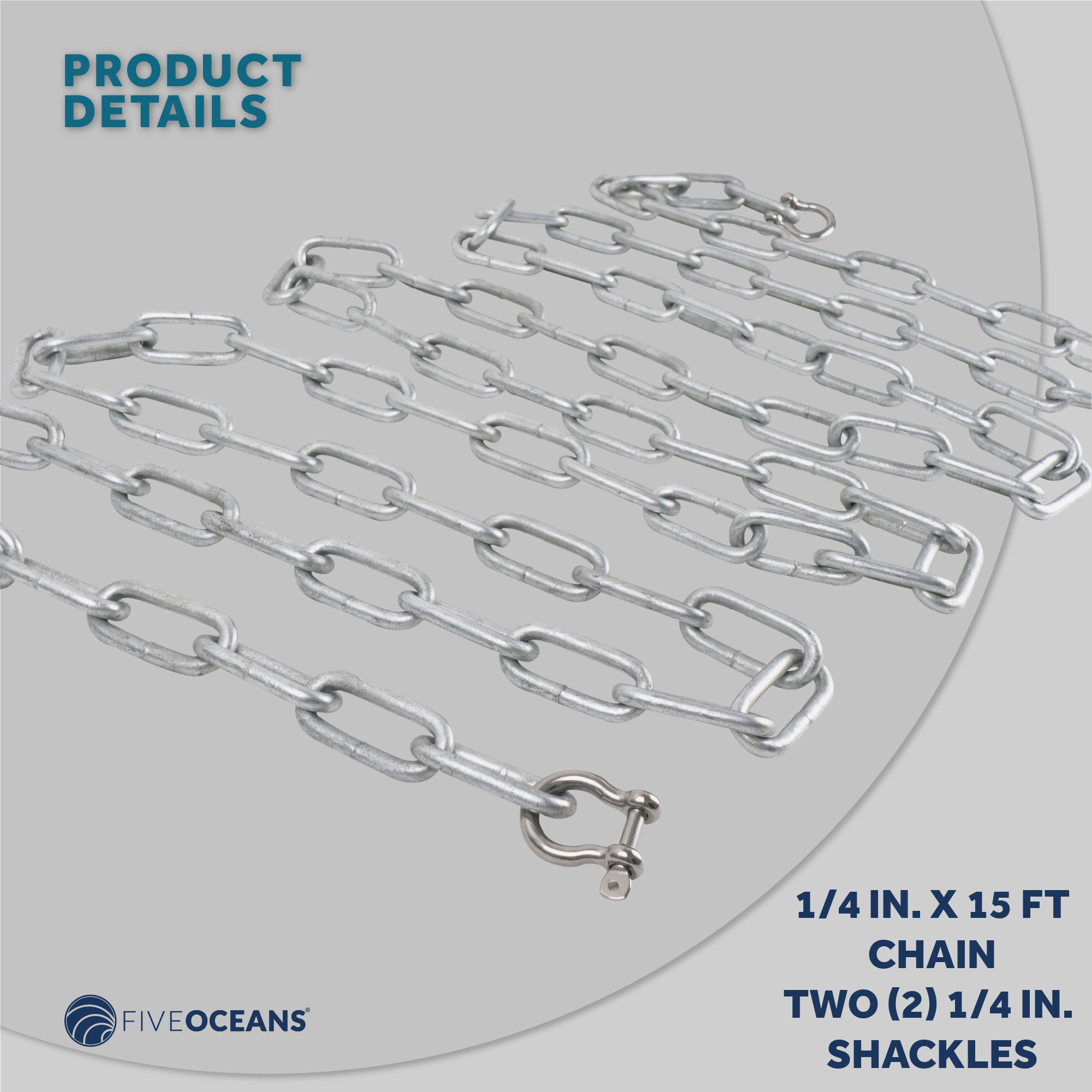 Boat Anchor Lead Chain with Shackles, 1/4 inches x 15 Feet Hot-Dipped Galvanized Steel with 2 AISI316 Stainless Steel 1/4 inches Bow Shackles FO4568-GN15 - Five Oceans
