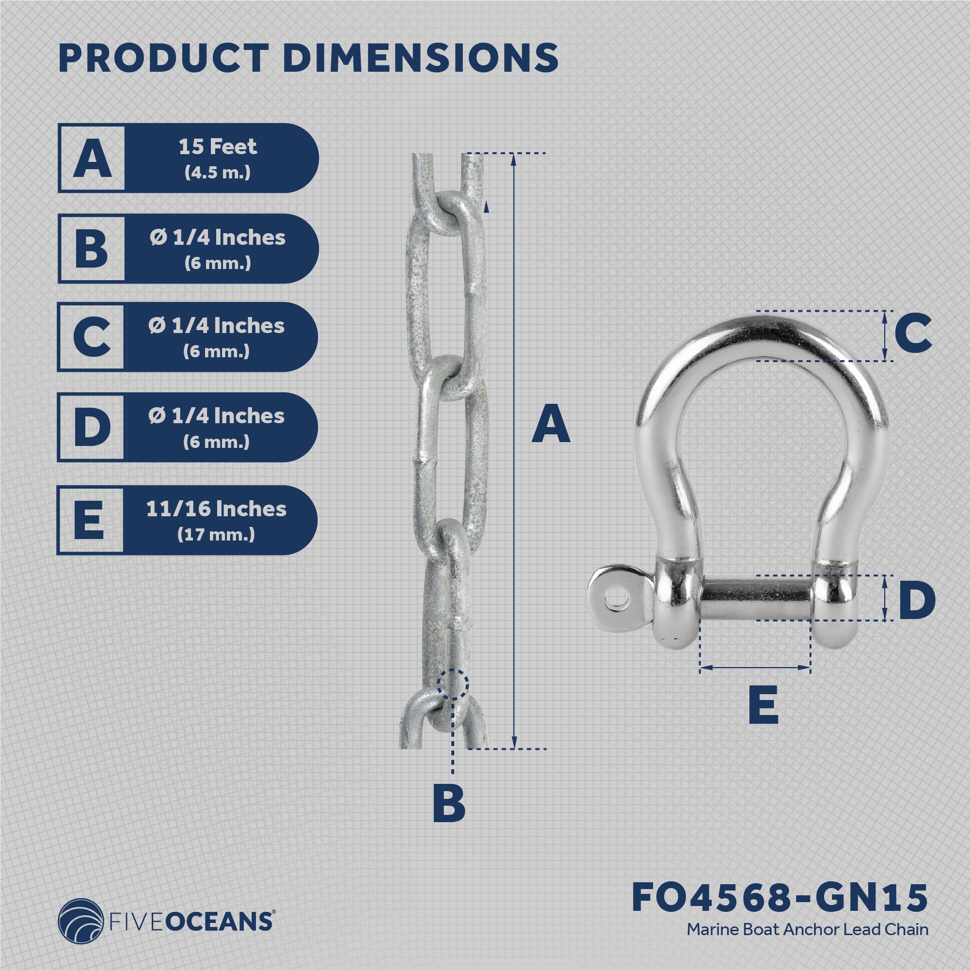 Boat Anchor Lead Chain with Shackles, 1/4 inches x 15 Feet Hot-Dipped Galvanized Steel with 2 AISI316 Stainless Steel 1/4 inches Bow Shackles FO4568-GN15 - Five Oceans