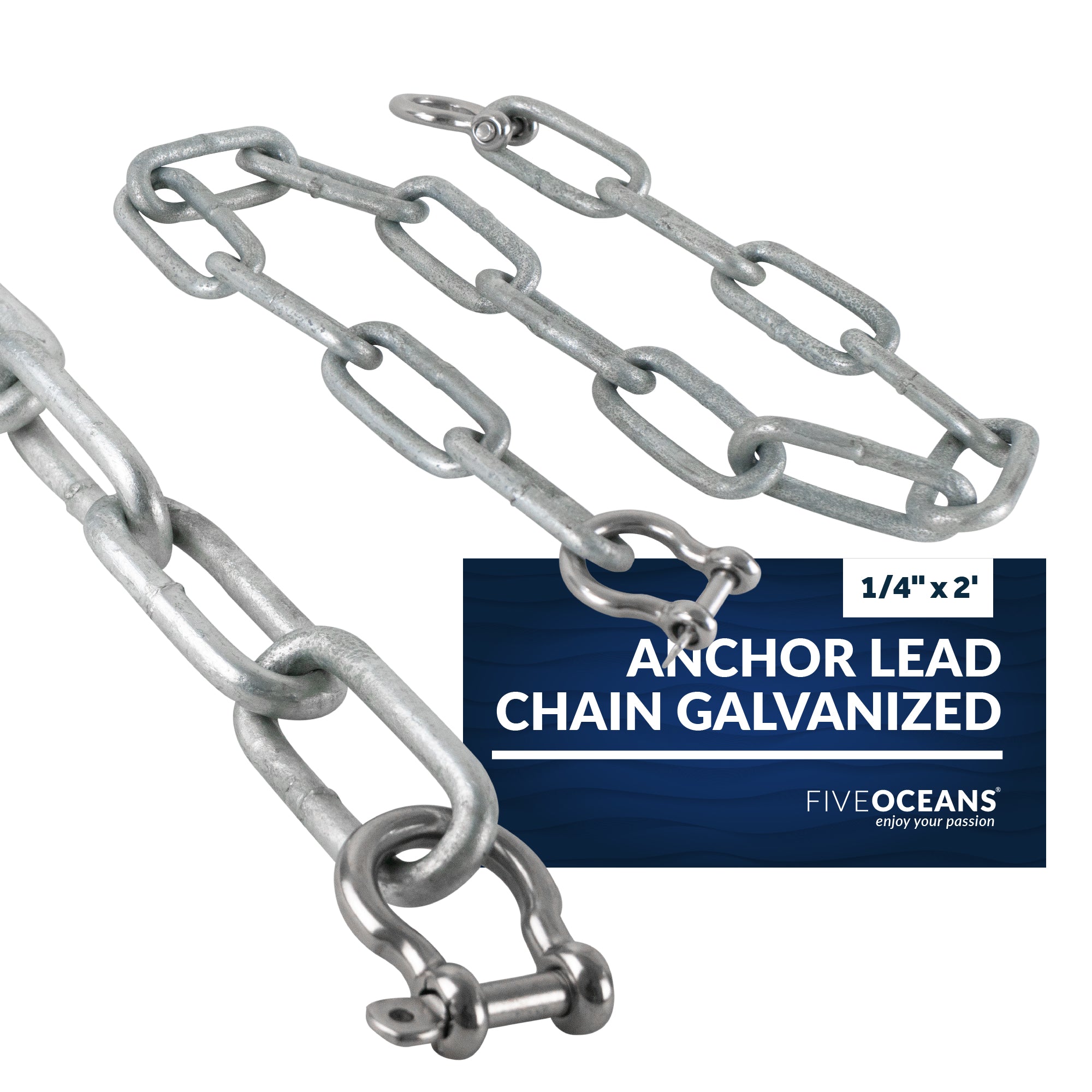 Boat Anchor Lead Chain with Shackles, 1/4 inches x 2 Feet Hot-Dipped Galvanized Steel with 2 AISI316 Stainless Steel 1/4 inches Bow Shackles FO4568-GN2 - Five Oceans
