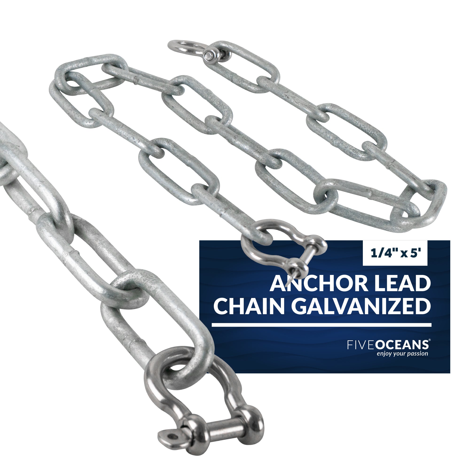 Boat Anchor Led Chain with Shackles, 1/4 inches x 5 Feet Hot-Dipped Galvanized Steel with 2 AISI316 Stainless Steel 1/4 inches Bow Shackles FO4568-GN5 - Five Oceans