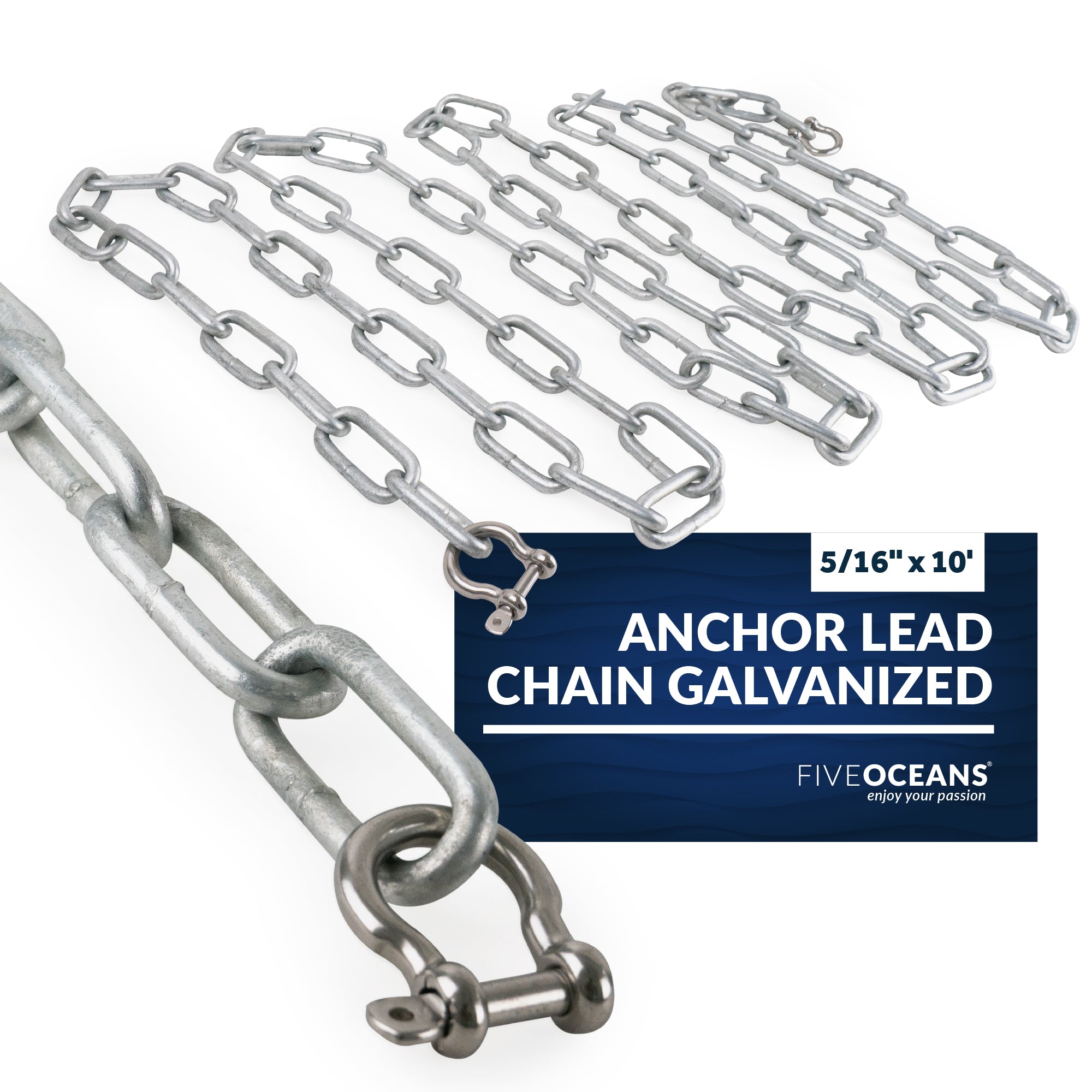 Boat Anchor Lead Chain with Shackles, 5/16 inches x 10 Feet Hot-Dipped Galvanized Steel with 2 AISI316 Stainless Steel 5/16 inches Bow Shackles FO4569-GN10 - Five Oceans