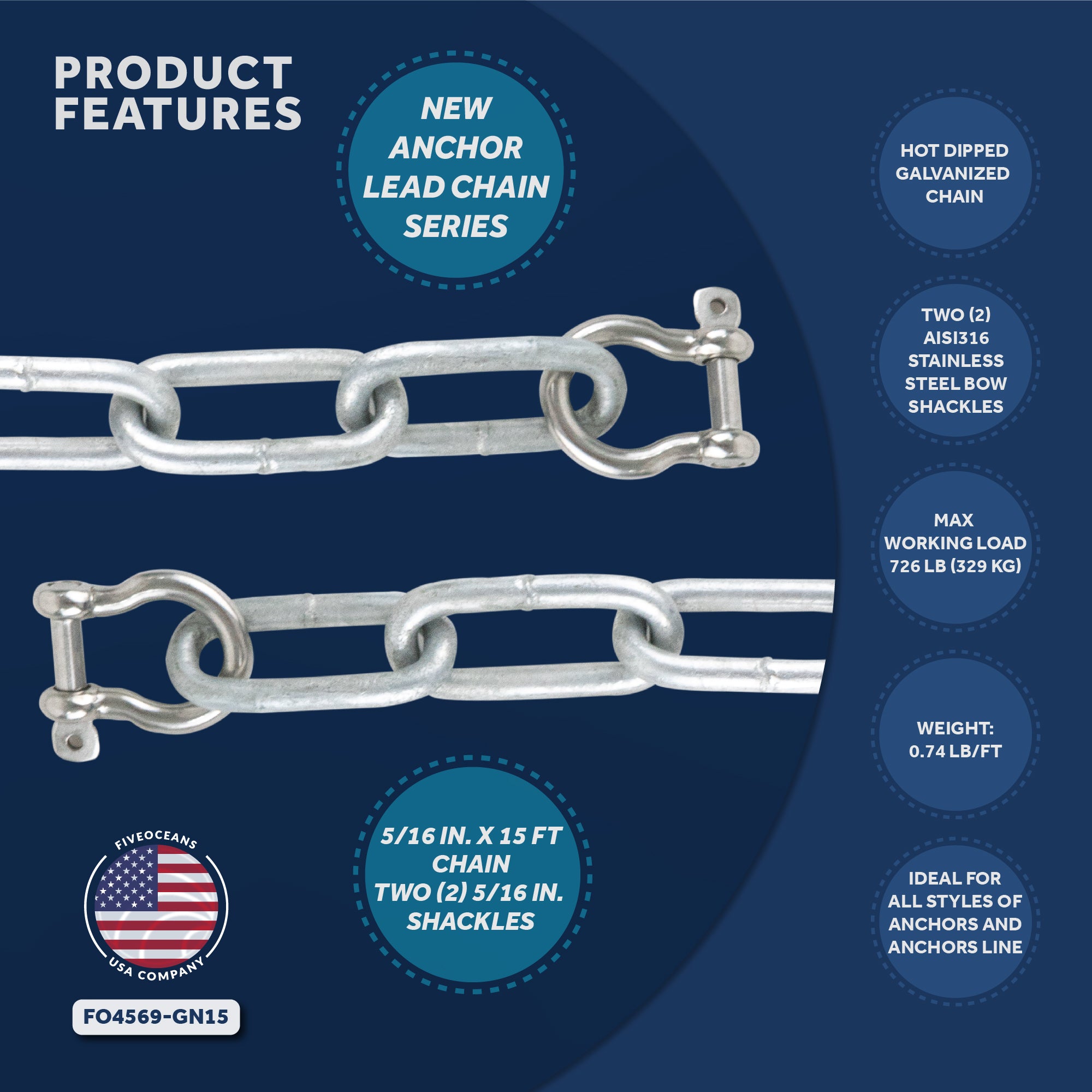 Boat Anchor Lead Chain with Shackles, 5/16 inches x 15 Feet Hot-Dipped Galvanized Steel with 2 AISI316 Stainless Steel 5/16 inches Bow Shackles FO4569-GN15 - Five Oceans