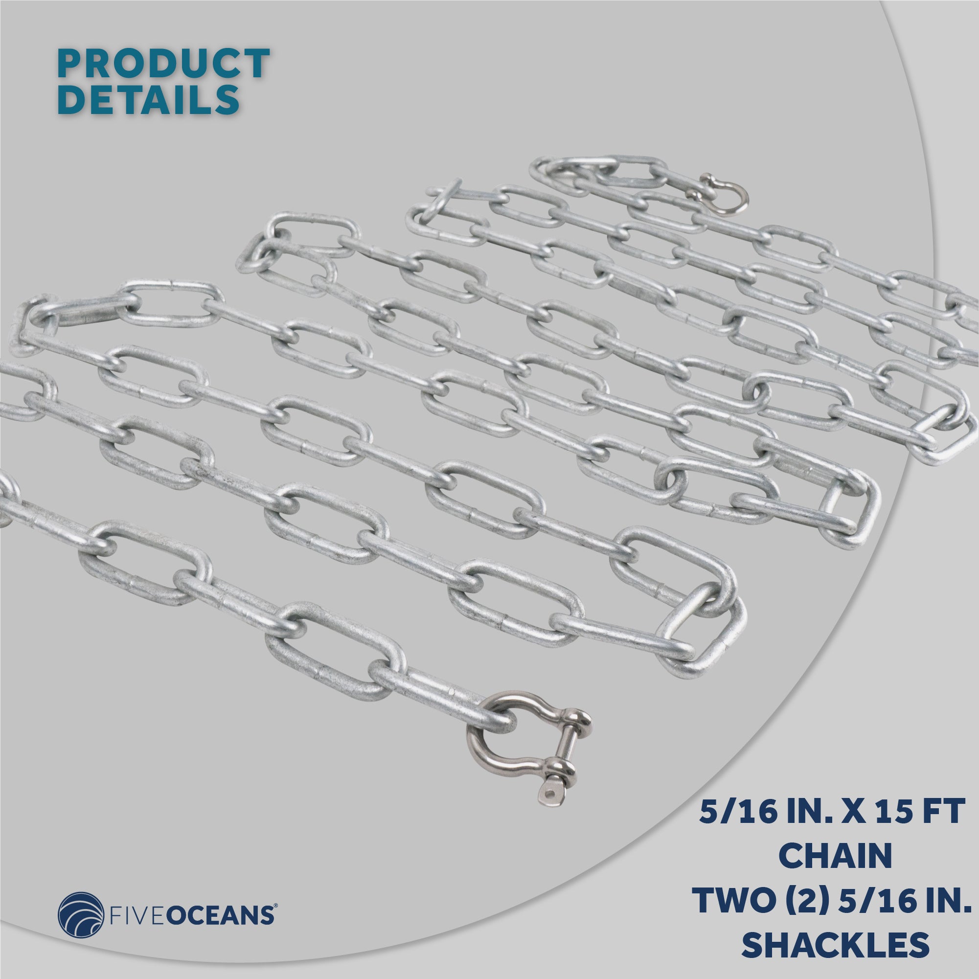 Boat Anchor Lead Chain with Shackles, 5/16 inches x 15 Feet Hot-Dipped Galvanized Steel with 2 AISI316 Stainless Steel 5/16 inches Bow Shackles FO4569-GN15 - Five Oceans