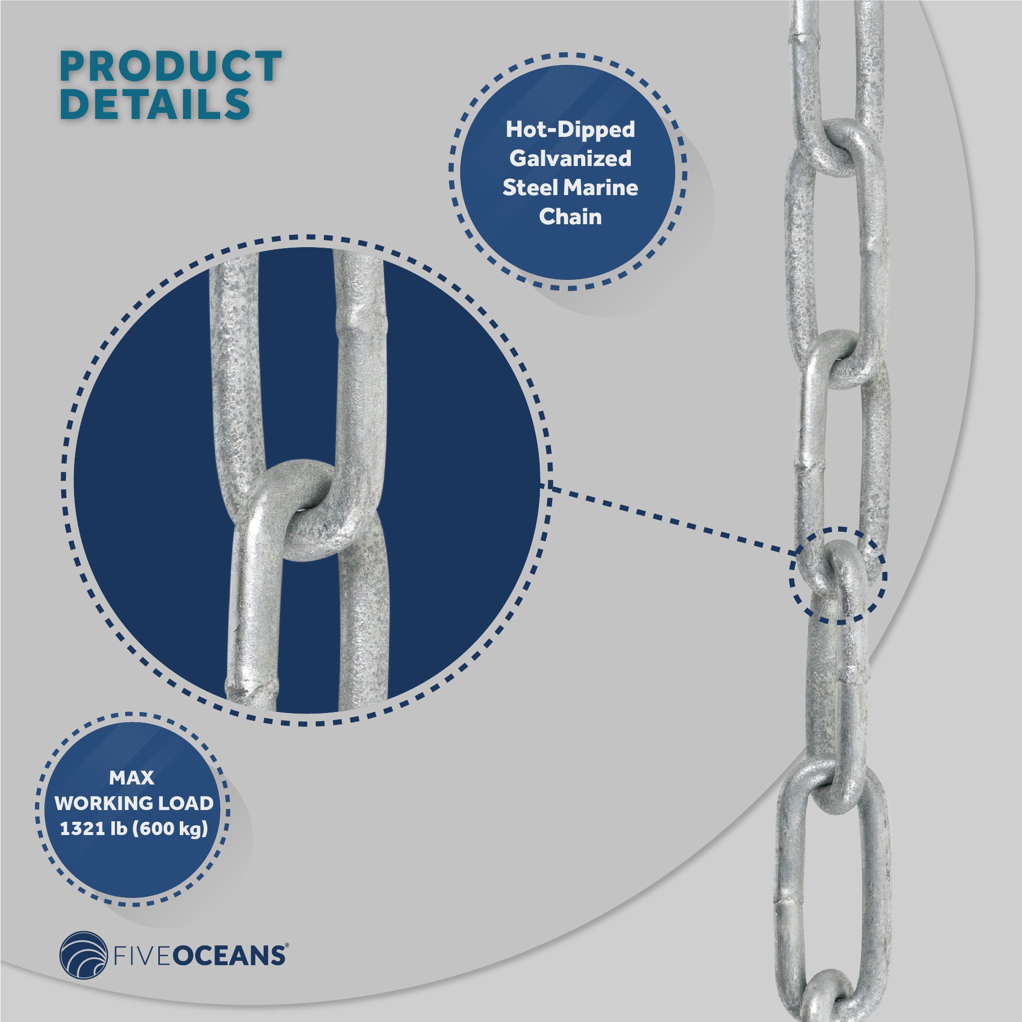 Boat Anchor Lead Chain with Shackles, 5/16 inches x 15 Feet Hot-Dipped Galvanized Steel with 2 AISI316 Stainless Steel 5/16 inches Bow Shackles FO4569-GN15 - Five Oceans