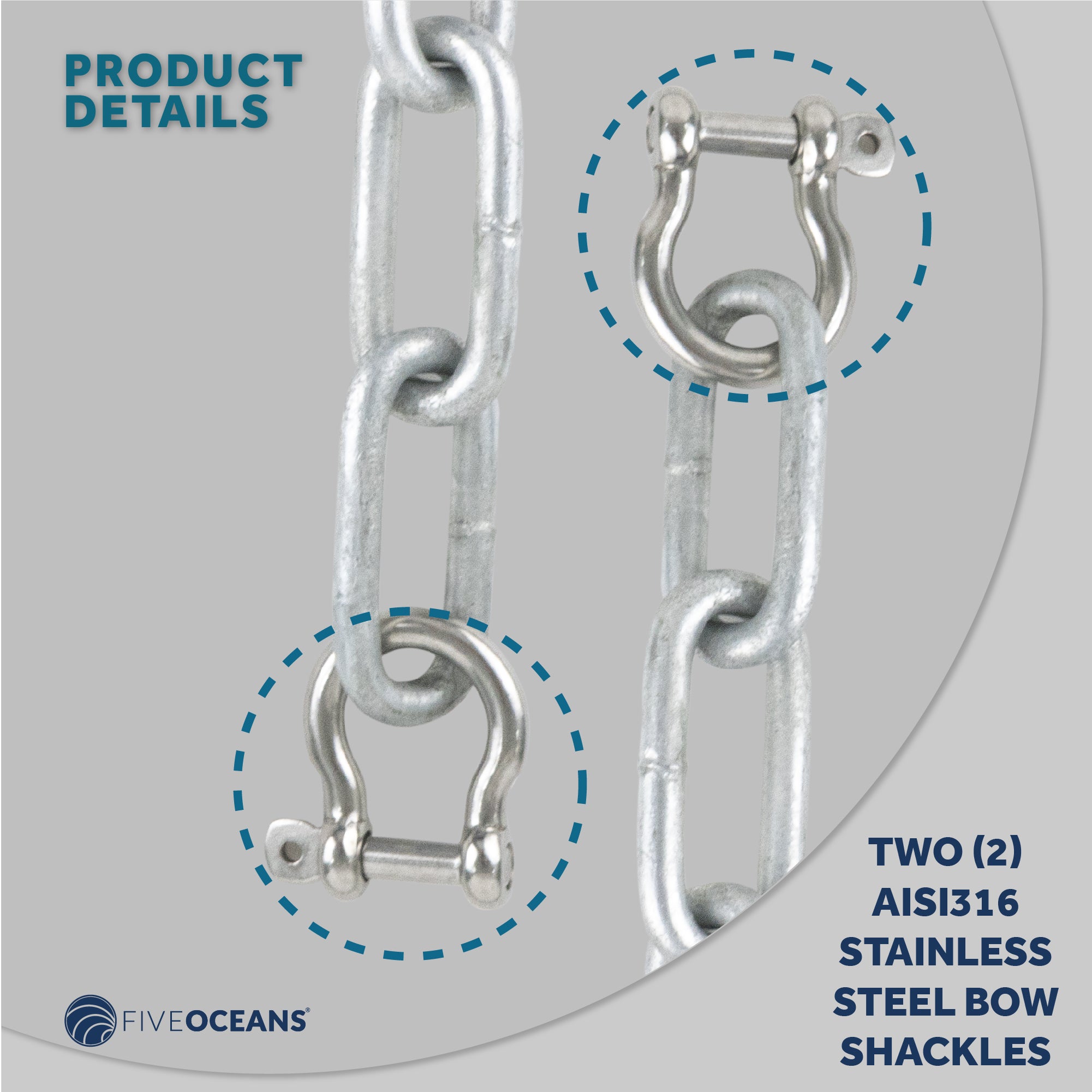Boat Anchor Lead Chain with Shackles, 5/16 inches x 15 Feet Hot-Dipped Galvanized Steel with 2 AISI316 Stainless Steel 5/16 inches Bow Shackles FO4569-GN15 - Five Oceans