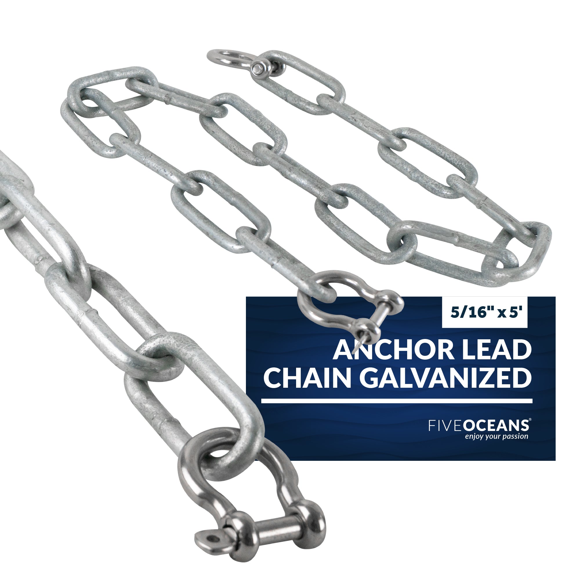Boat Anchor Lead Chain with Shackles, 5/16 inches x 5 Feet Hot-Dipped Galvanized Steel with 2 AISI316 Stainless Steel 5/16 inches Bow Shackles FO4569-GN5 - Five Oceans