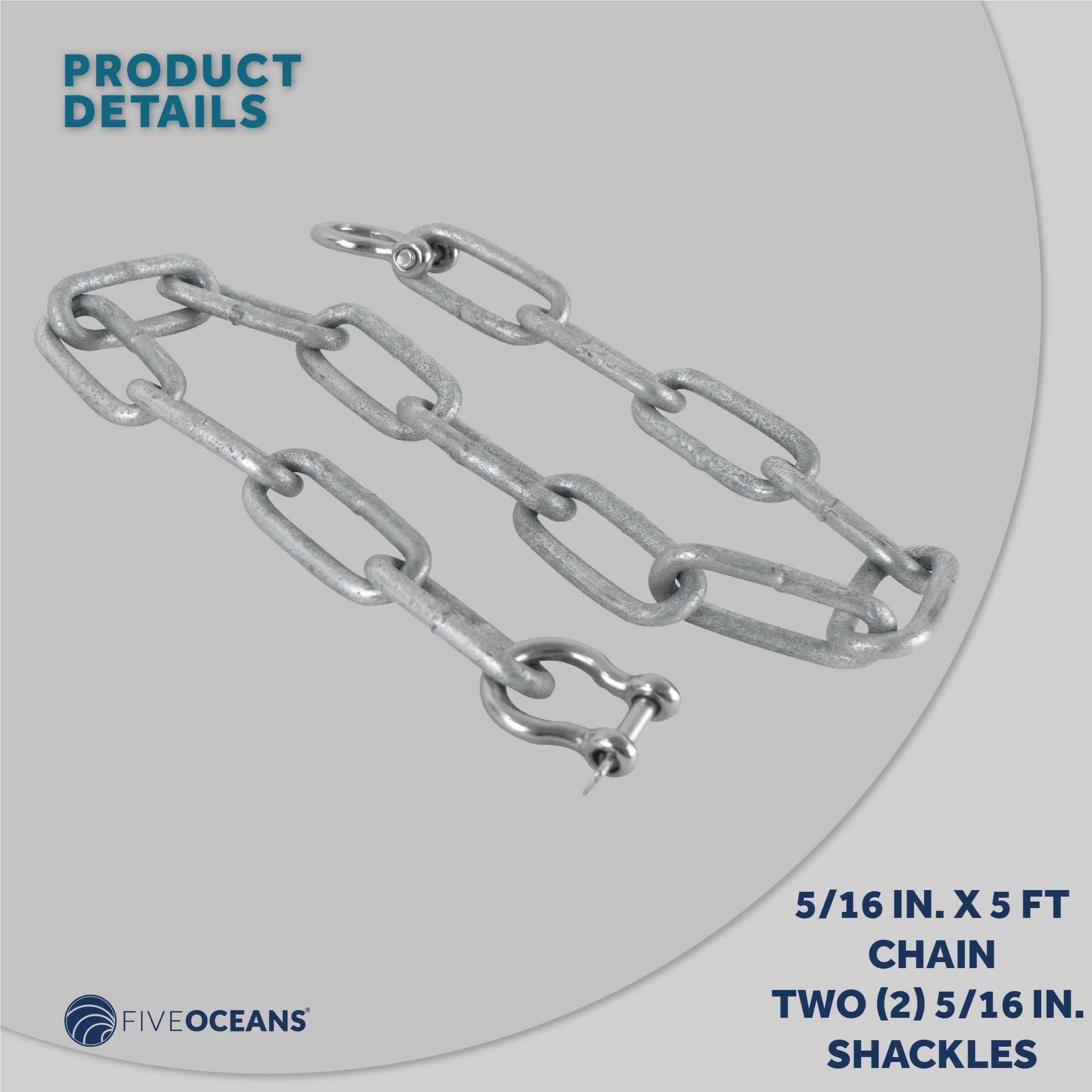 Marine Boat Anchor Lead Chain 5/16 inches x 5 Feet Hot-Dipped Galvanized Steel with 2 AISI316 Stainless Steel 5/16 inches Bow Shackles FO4569-GN5