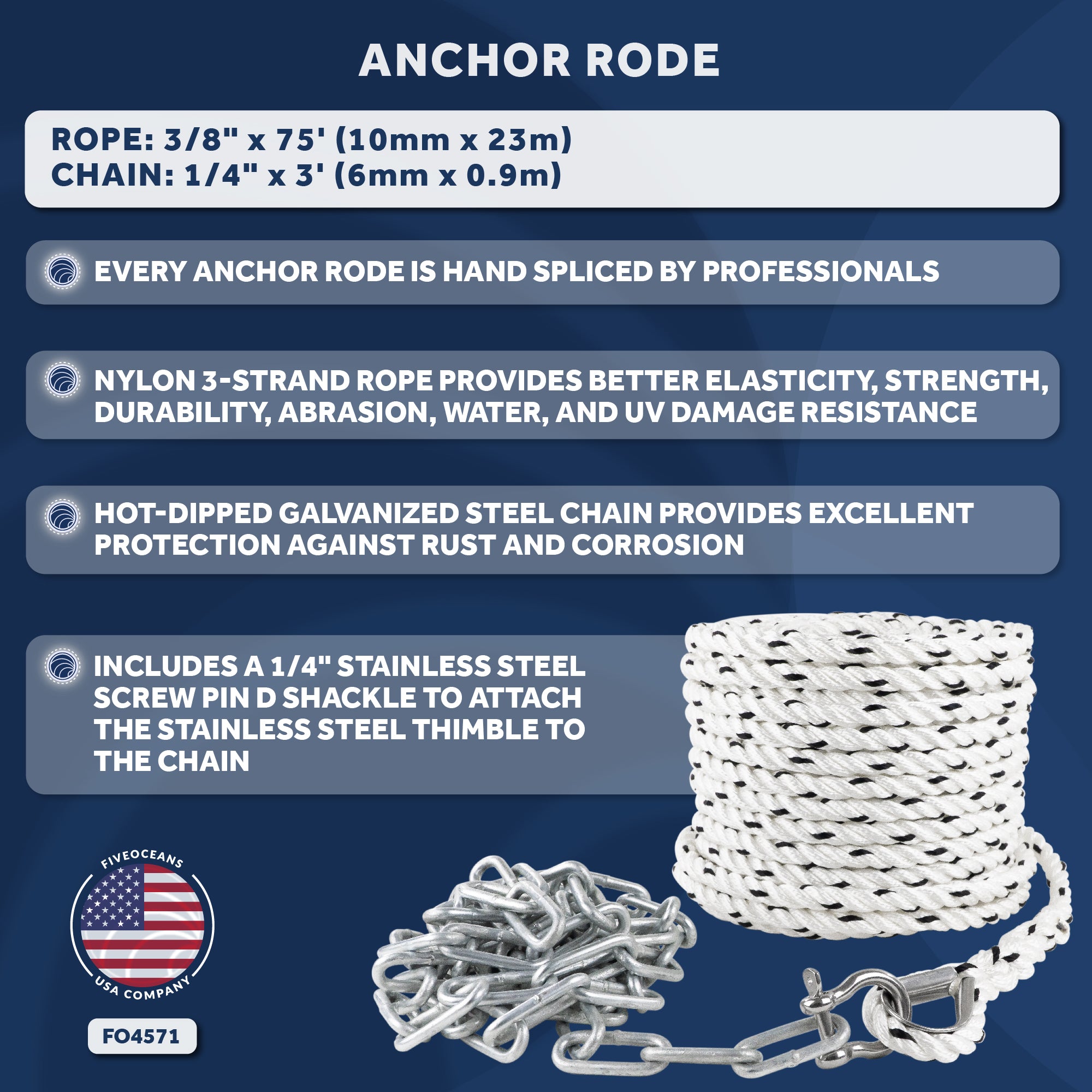 Anchor Rode, 3/8" x 75' Nylon 3-Strand Rope, 1/4" x 3' Hot Dipped Galvanized Steel Chain - FO4571