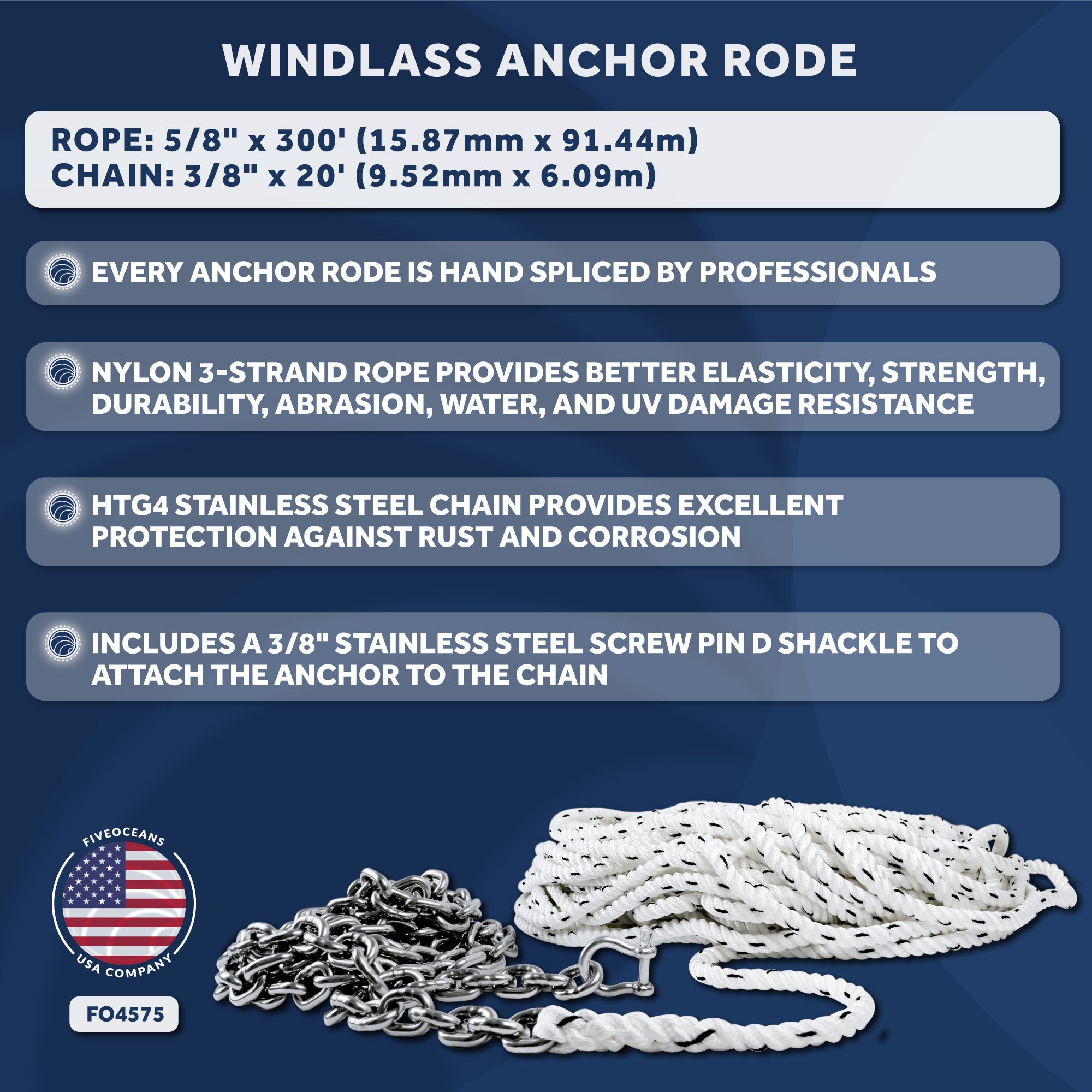 Windlass Anchor Rode, 5/8" x 300' Nylon 3-Strand Rope, 3/8" x 20' G4 Stainless Steel Chain - FO4575