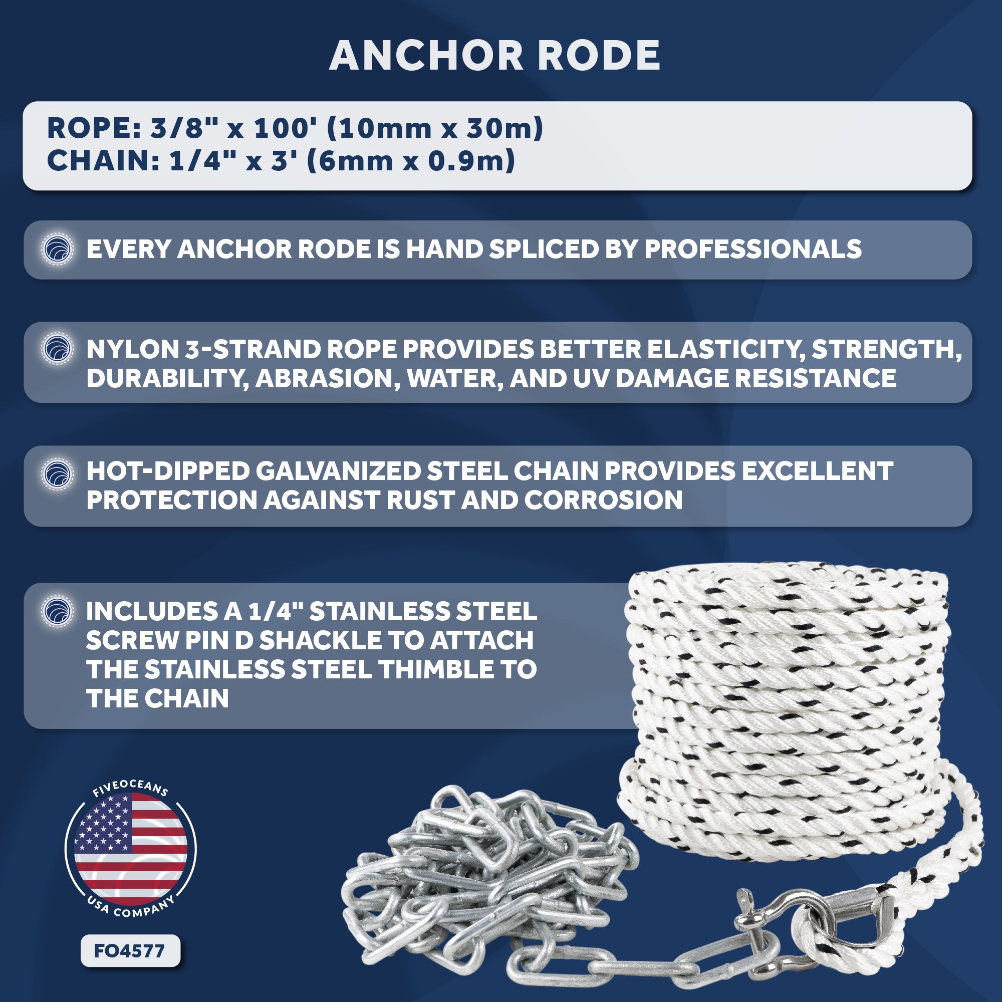 Anchor Rode, 3/8" x 100' Nylon 3-Strand Rope, 1/4" x 3' Hot Dipped Galvanized Steel Chain - FO4577