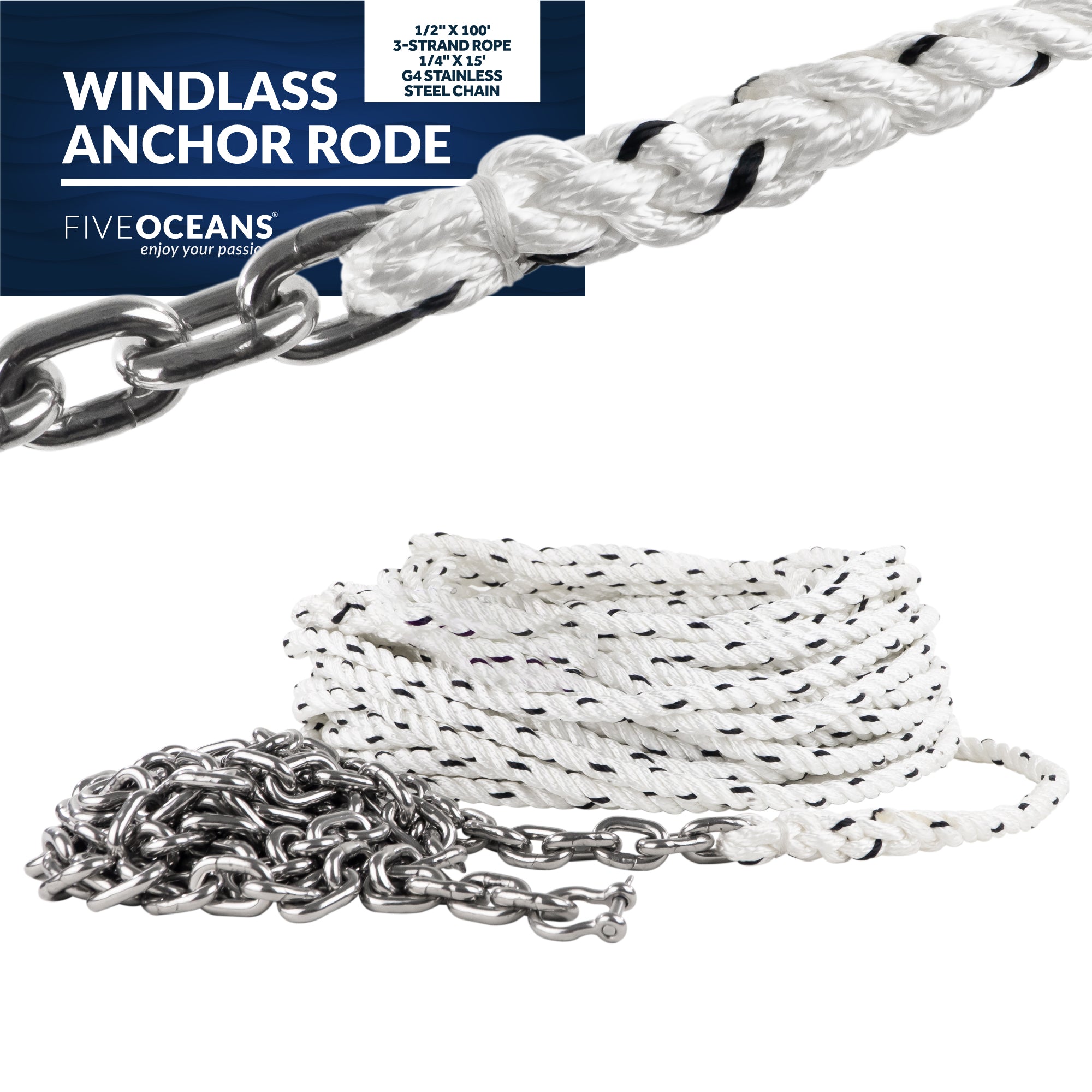 Windlass Anchor Rode, 1/2" x 100' Nylon 3-Strand Rope, 1/4" x 15' G4 Stainless Steel Chain - FO4579