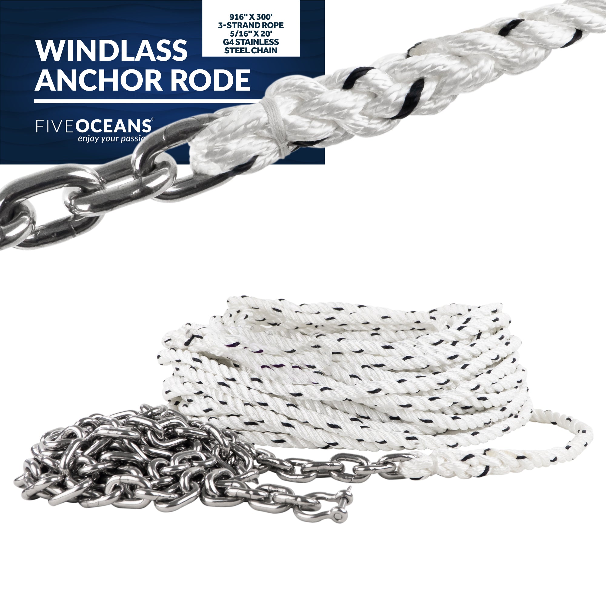 Windlass Anchor Rode, 9/16" x 300' Nylon 3-Strand Rope, 5/16" x 20' G4 Stainless Steel Chain - FO4580